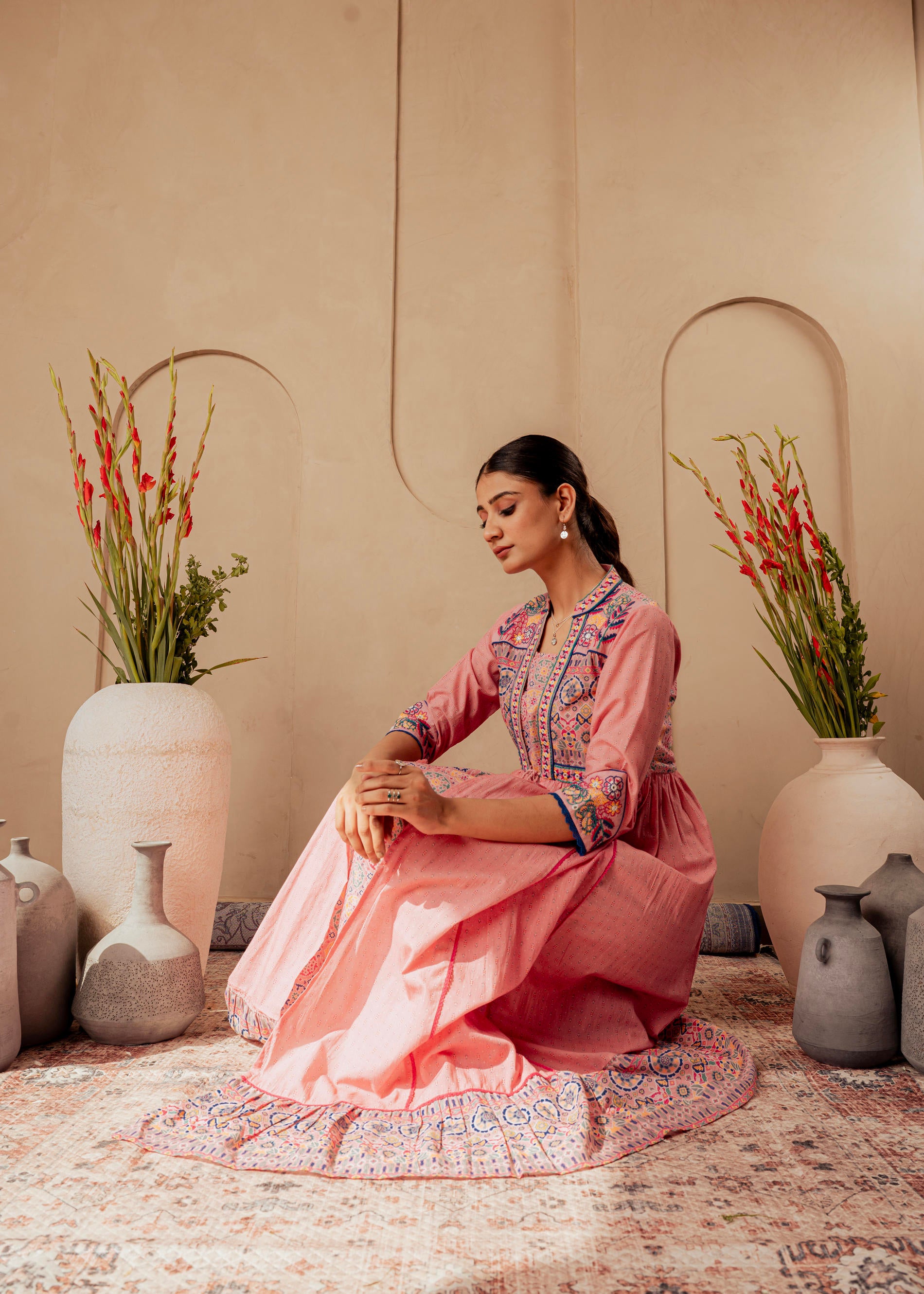 Onion Pink Embroidered Flared Midi Dress with Ethnic Motifs-P1400ONIONPINK_ON