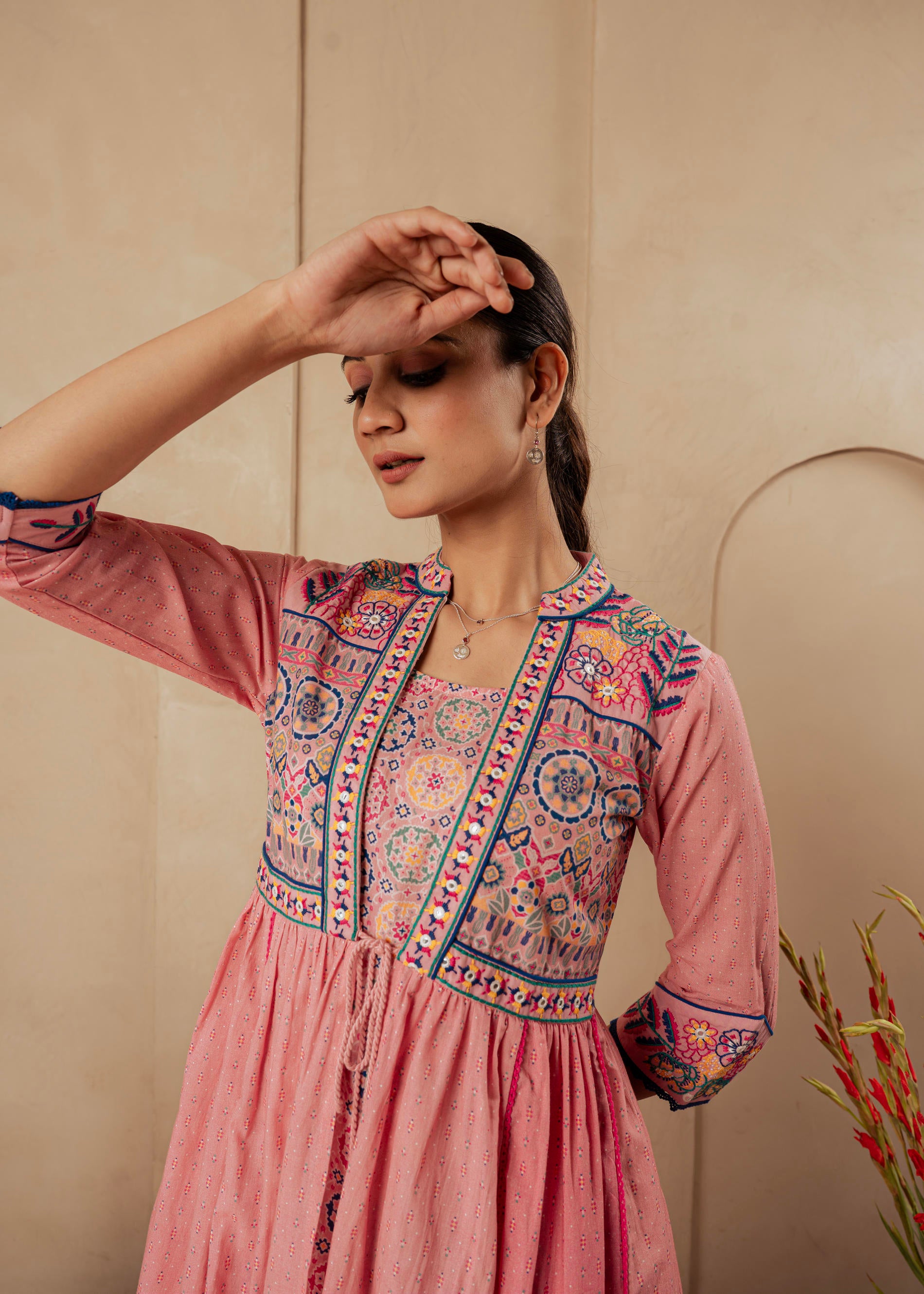 Onion Pink Embroidered Flared Midi Dress with Ethnic Motifs-P1400ONIONPINK_ON