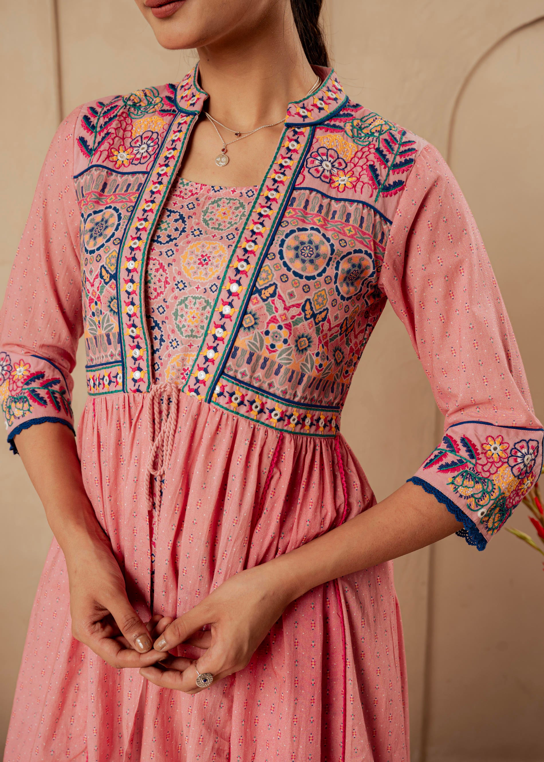 Onion Pink Embroidered Flared Midi Dress with Ethnic Motifs-P1400ONIONPINK_ON