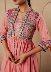 Onion Pink Embroidered Flared Midi Dress with Ethnic Motifs-P1400ONIONPINK_ON