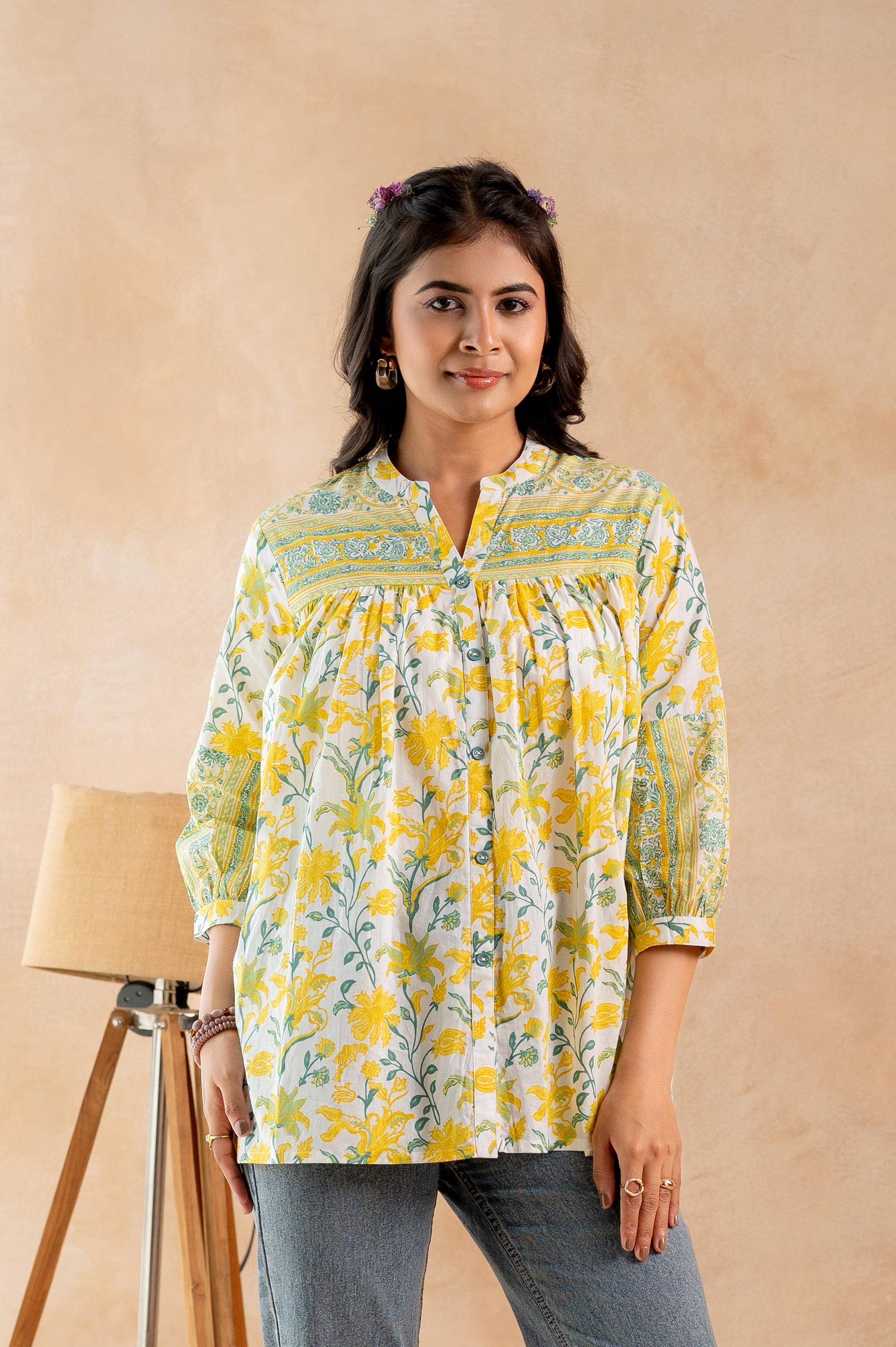  Floral Printed Gathered Ethnic Tunic