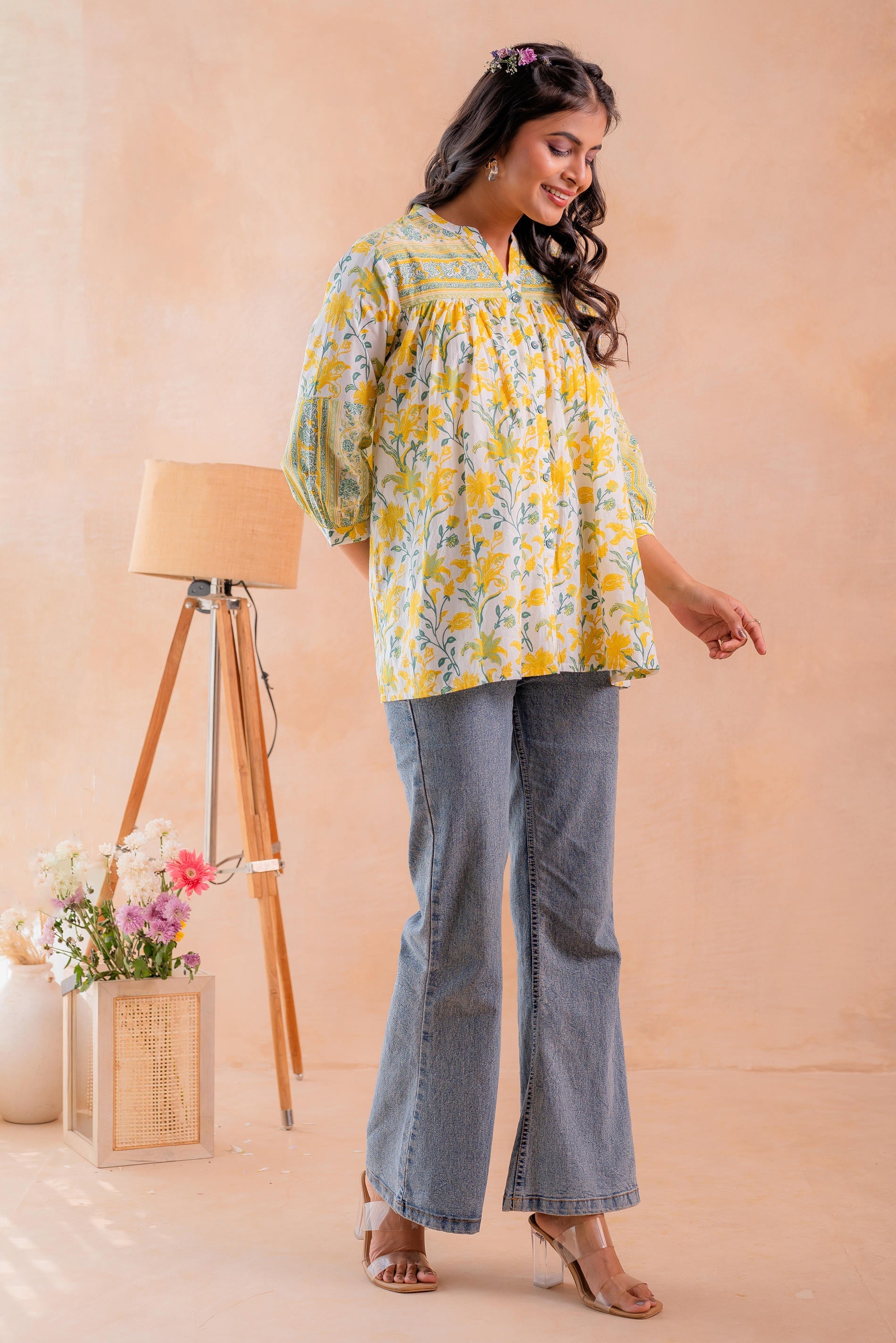  Floral Printed Gathered Ethnic Tunic