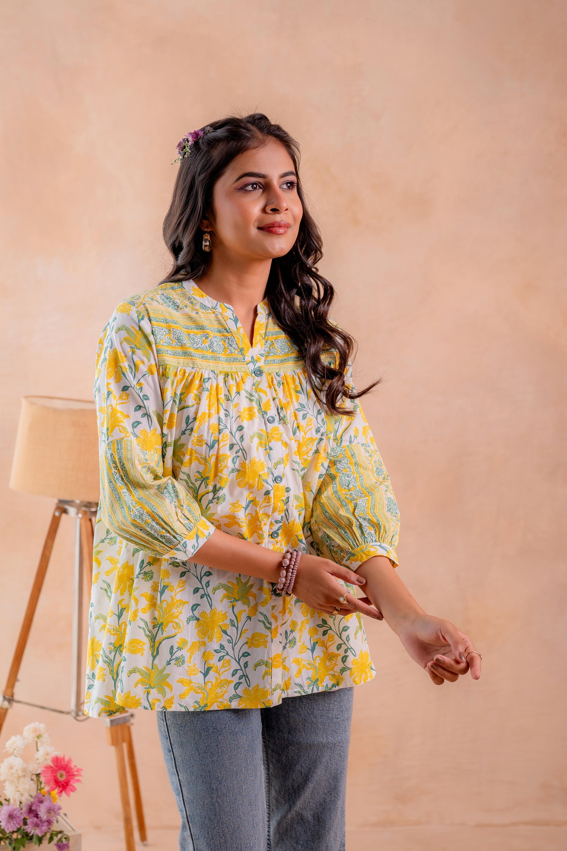  Floral Printed Gathered Ethnic Tunic