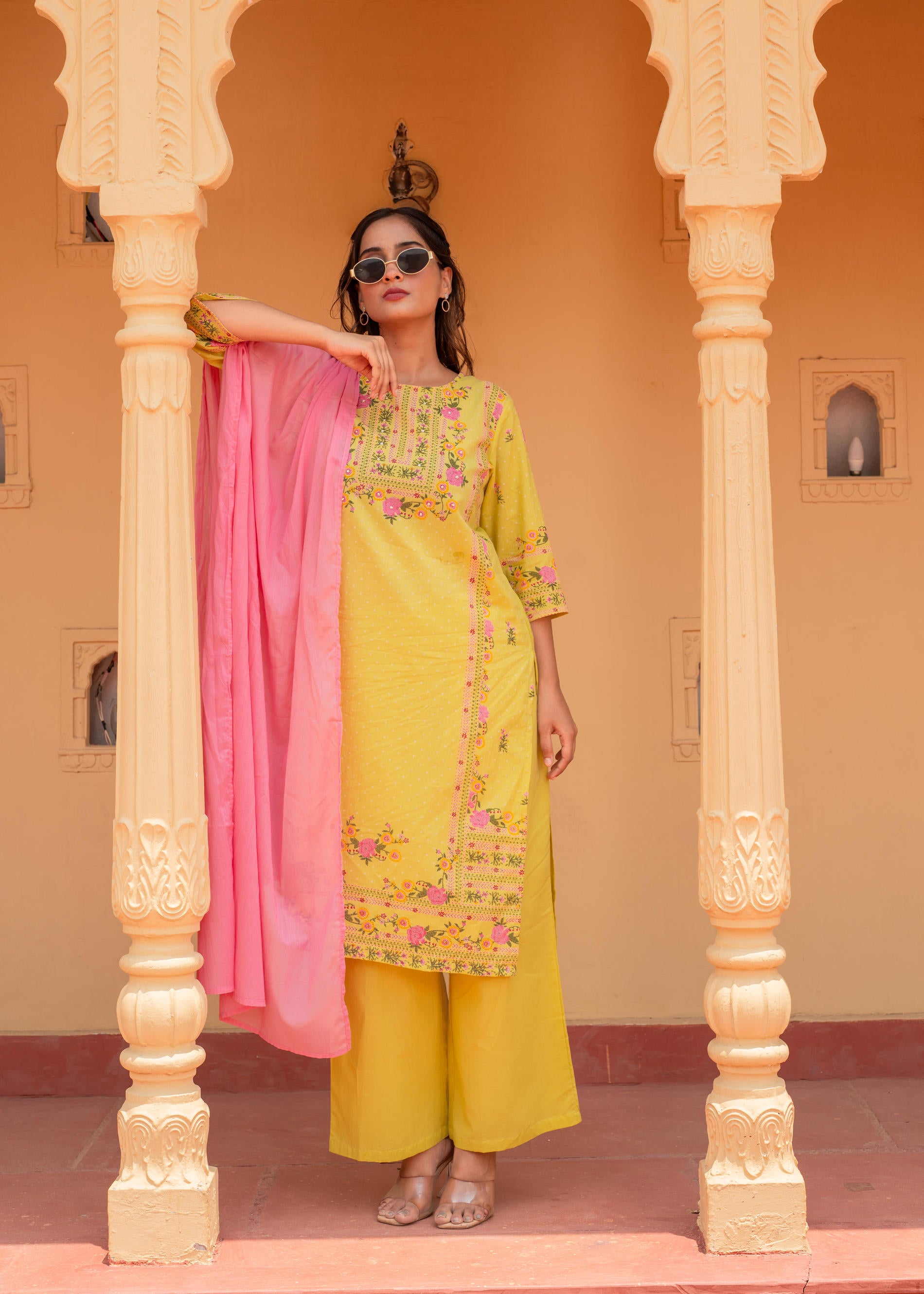 Floral Printed Lime Kurta Set-P1403LIME