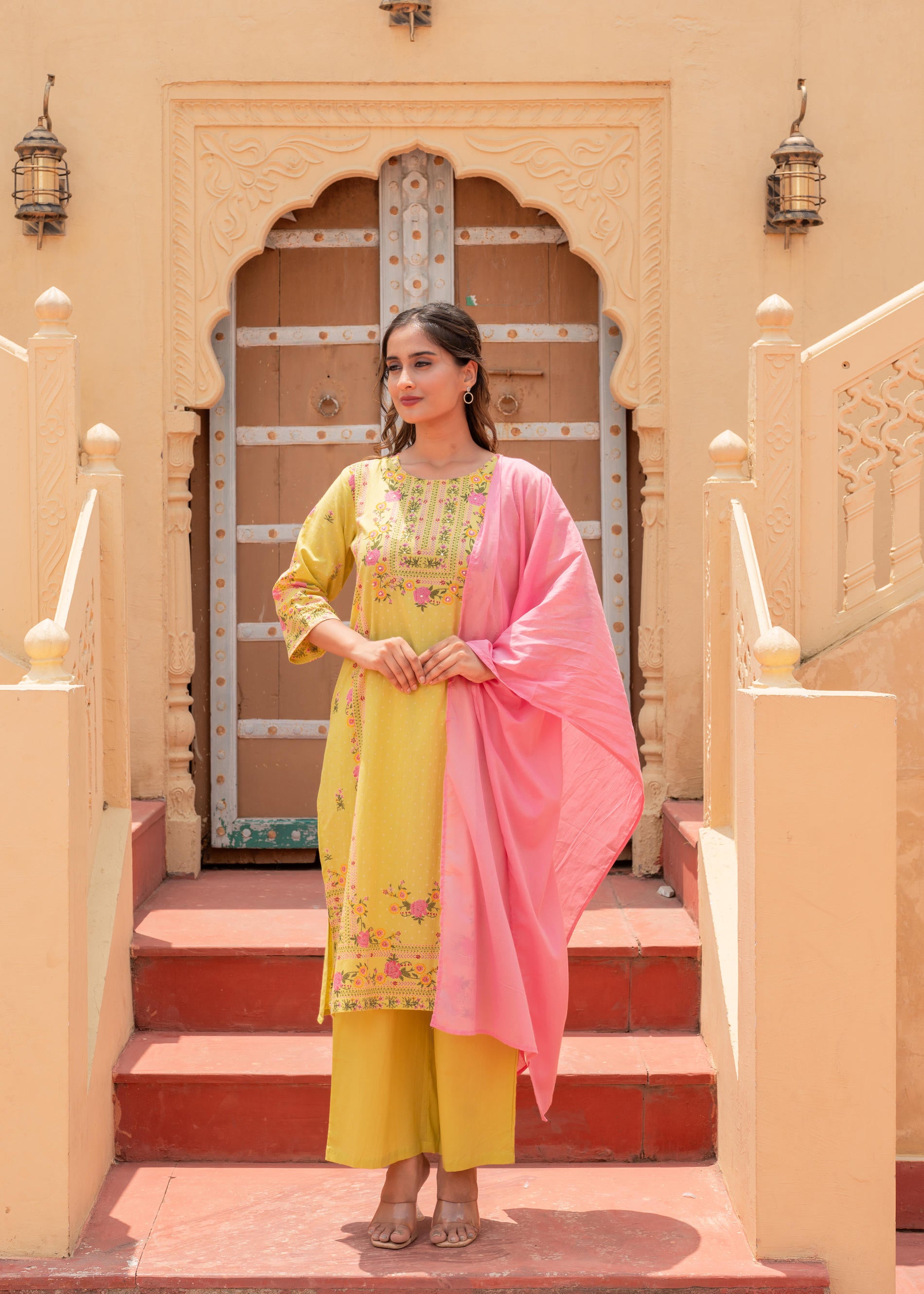 Floral Printed Lime Kurta Set-P1403LIME