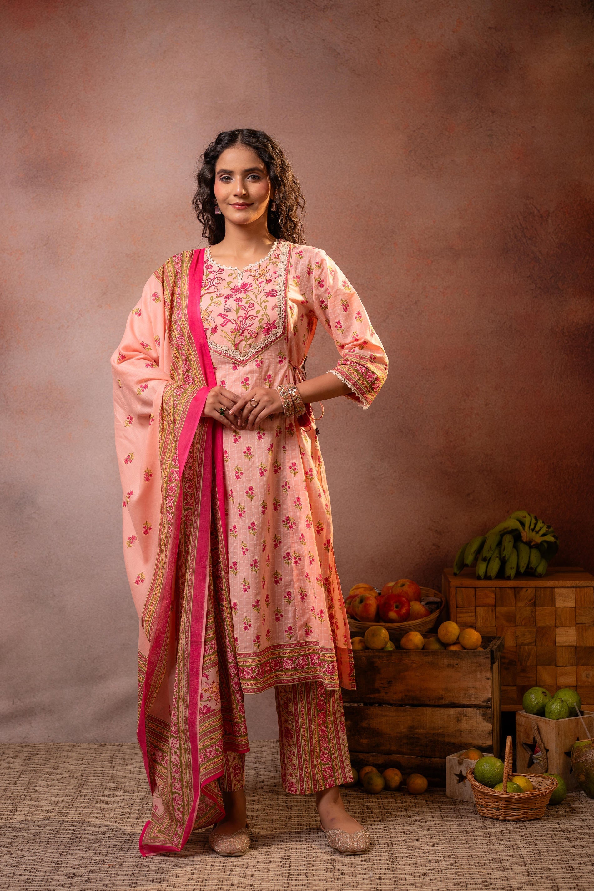 Gulnaar Garden Printed Kurta Pant And Dupatta Set - Peach | DesiQlo