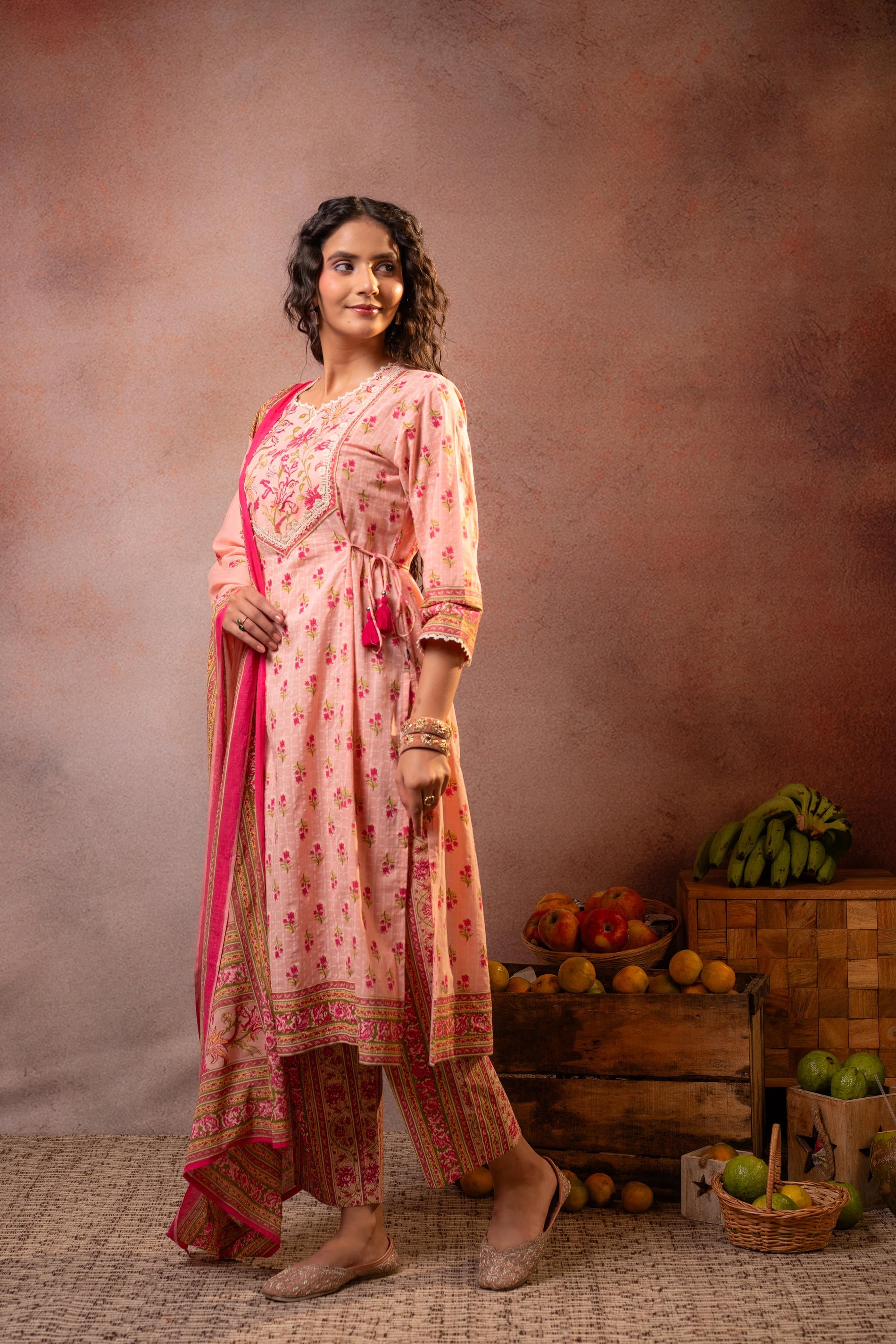 Gulnaar Garden Printed Kurta Pant And Dupatta Set - Peach | DesiQlo