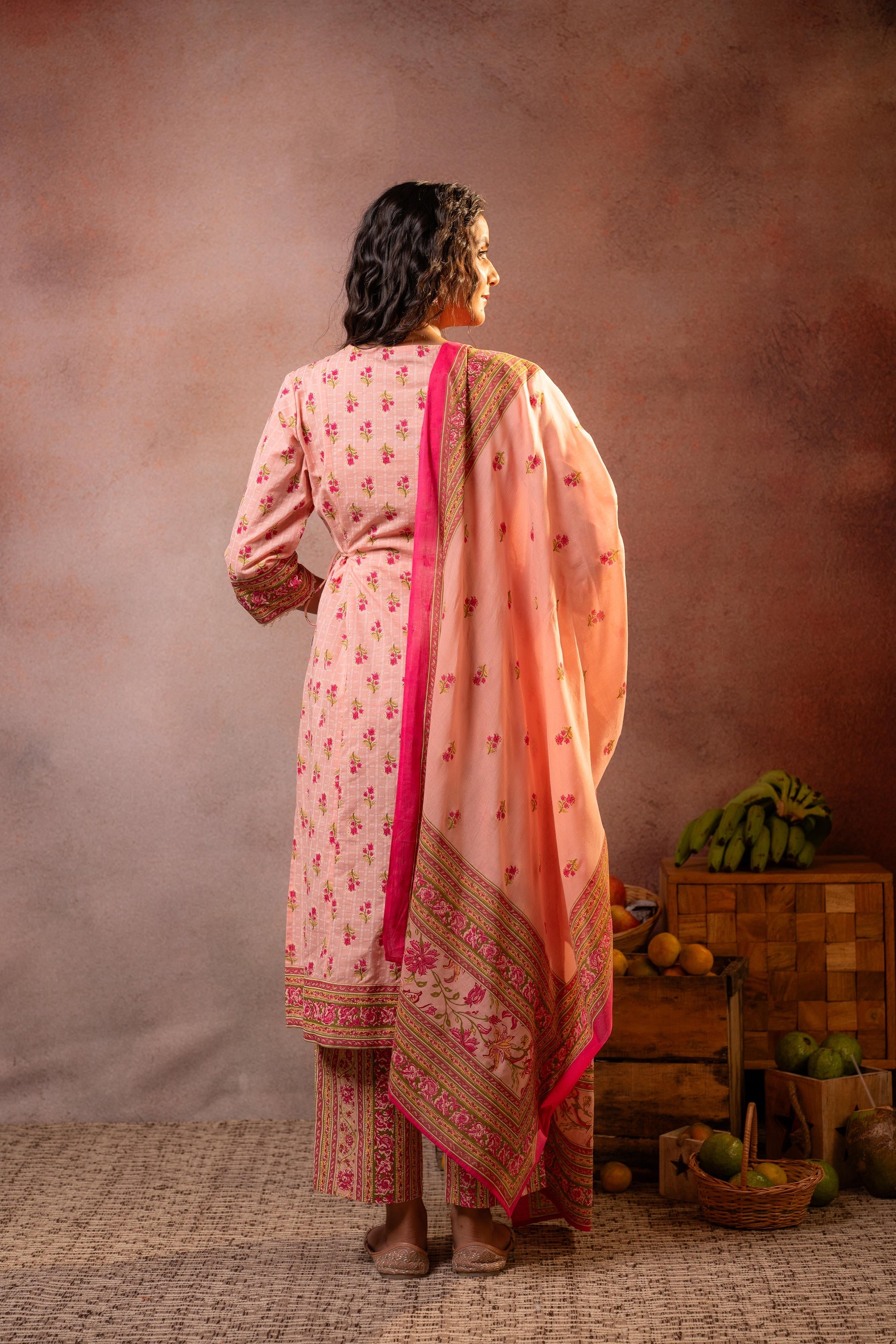 Gulnaar Garden Printed Kurta Pant And Dupatta Set - Peach | DesiQlo