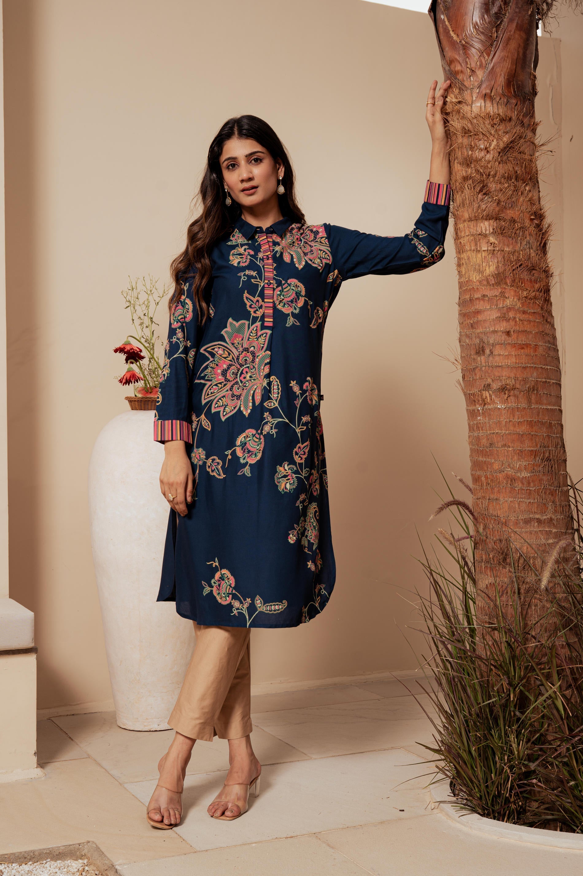 Midnight Blue Floral Printed Viscose Kurta with Button Detailing | Des