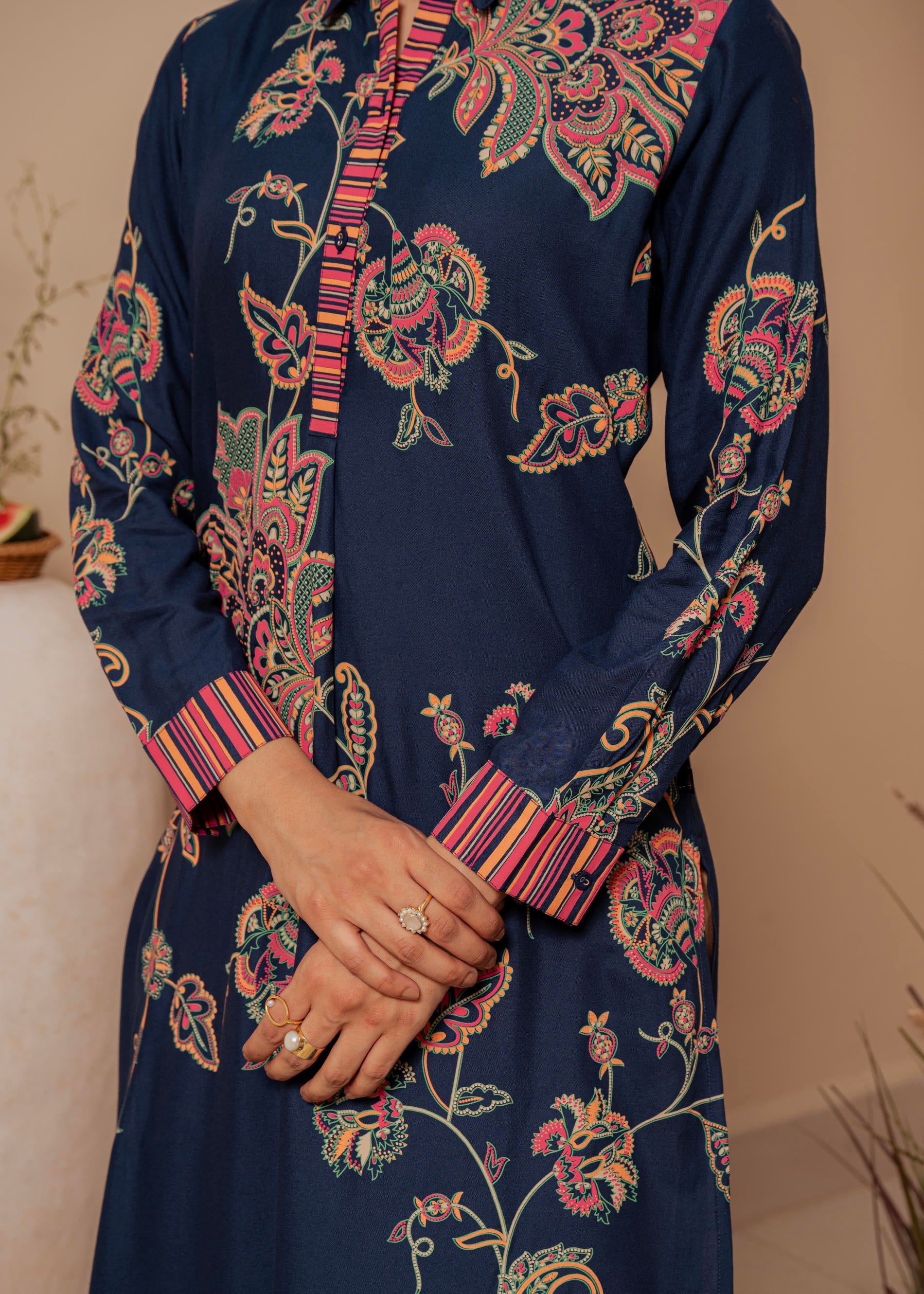 Midnight Blue Floral Printed Viscose Kurta with Button Detailing | Des