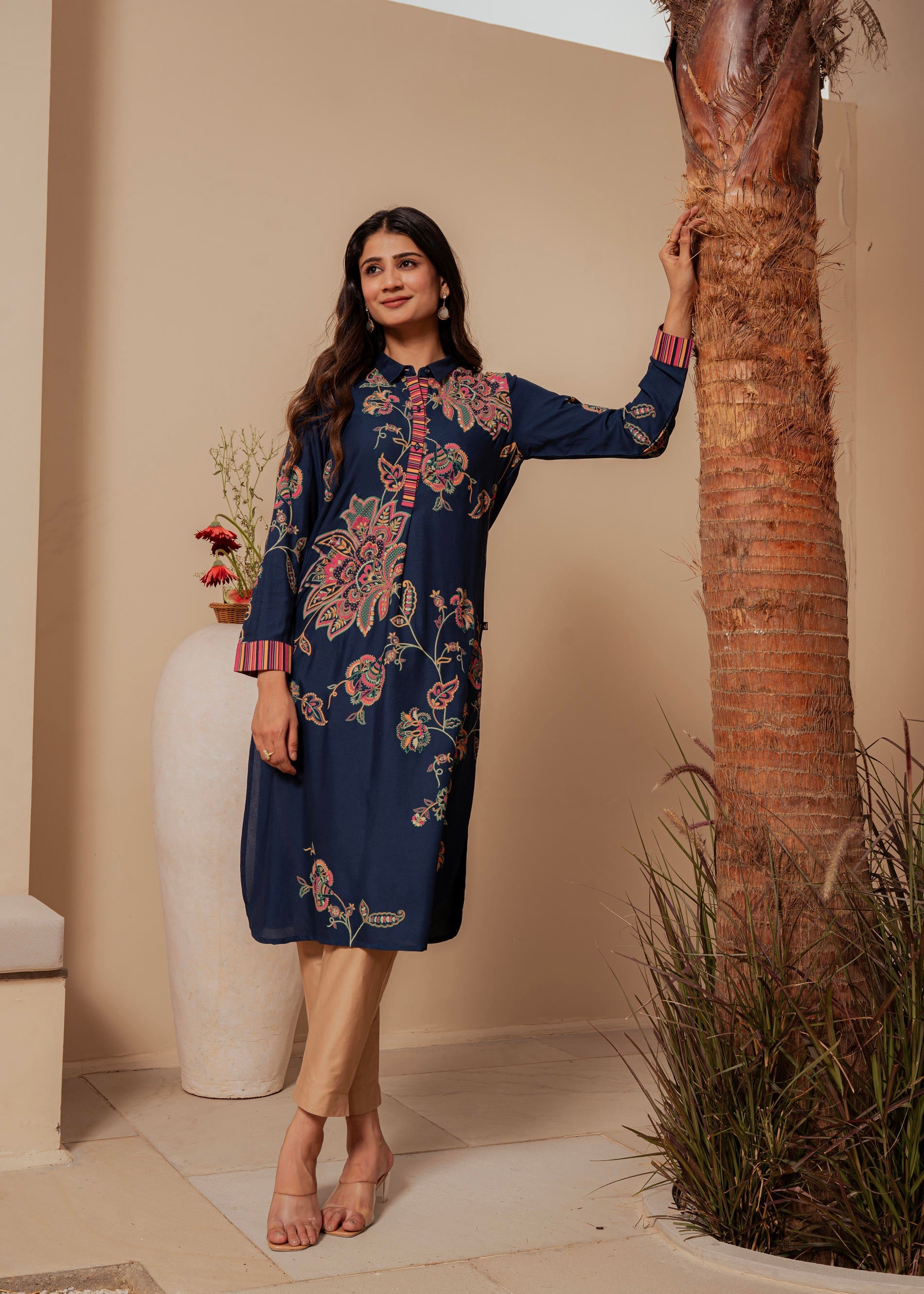 Midnight Blue Floral Printed Viscose Kurta with Button Detailing | Des