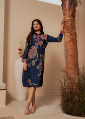 Midnight Blue Floral Printed Viscose Kurta with Button Detailing