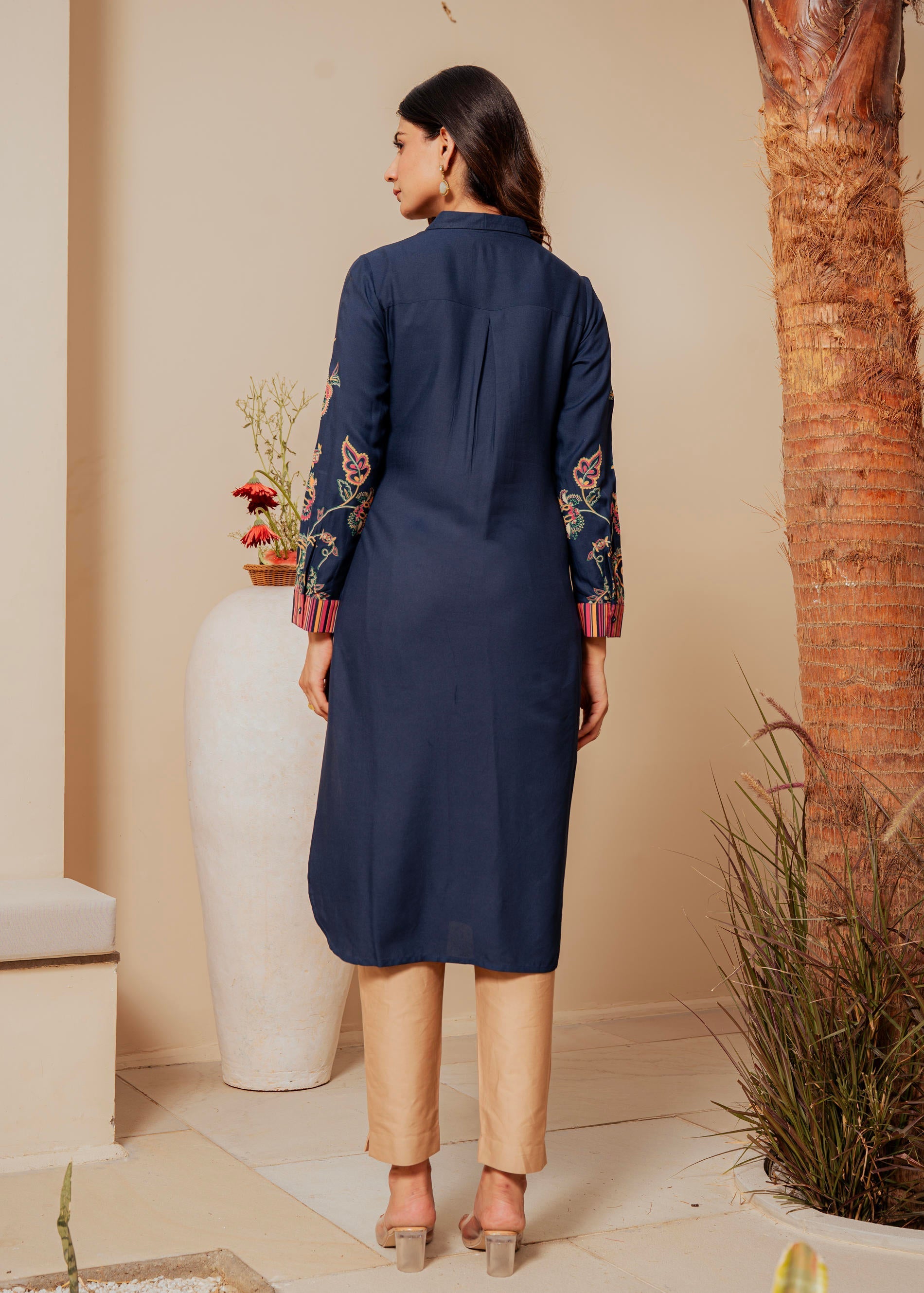 Midnight Blue Floral Printed Viscose Kurta with Button Detailing | Des