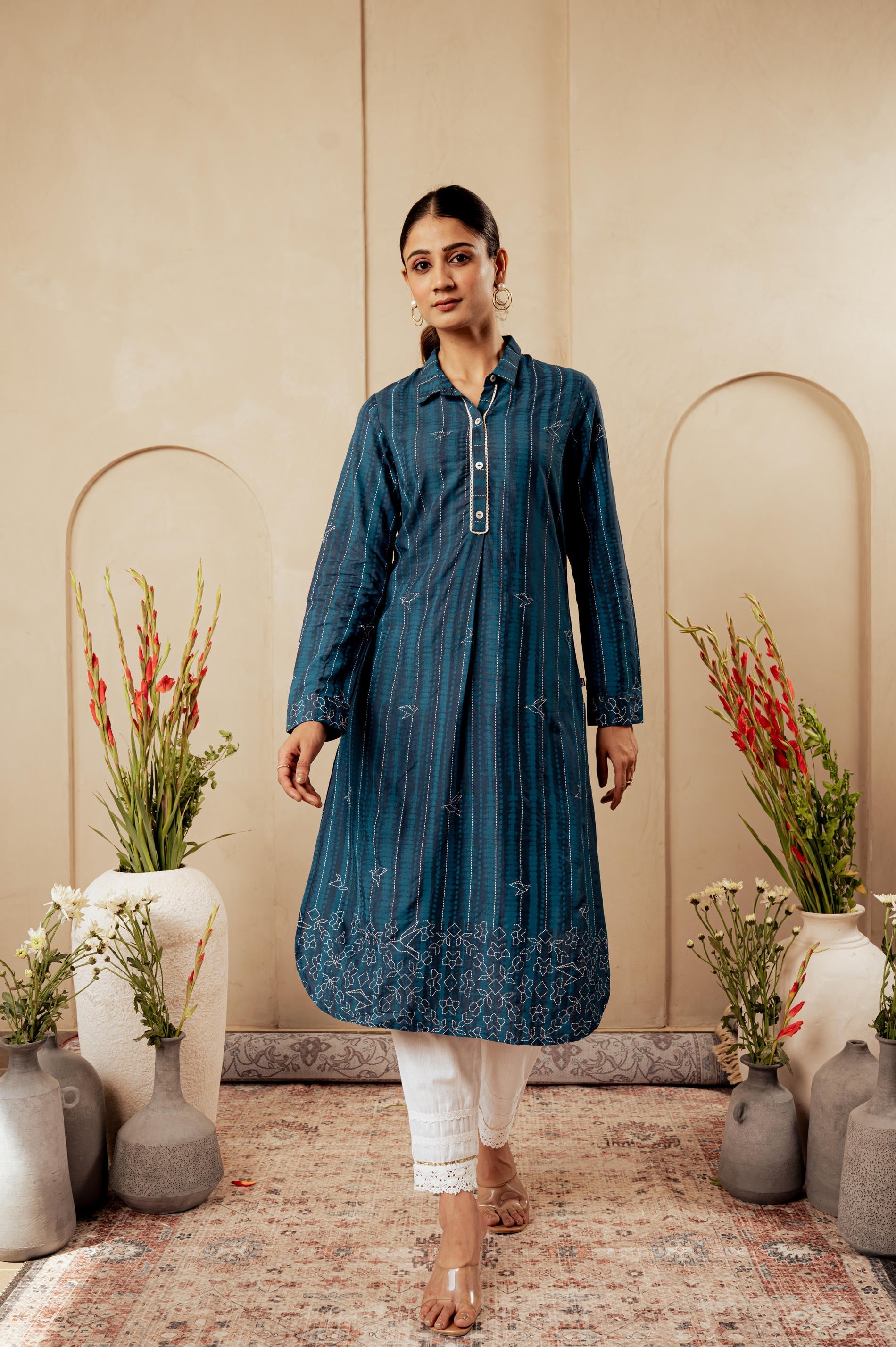 Midnight Blue Striped Viscose A-Line Kurta with Button & Lace Detailin