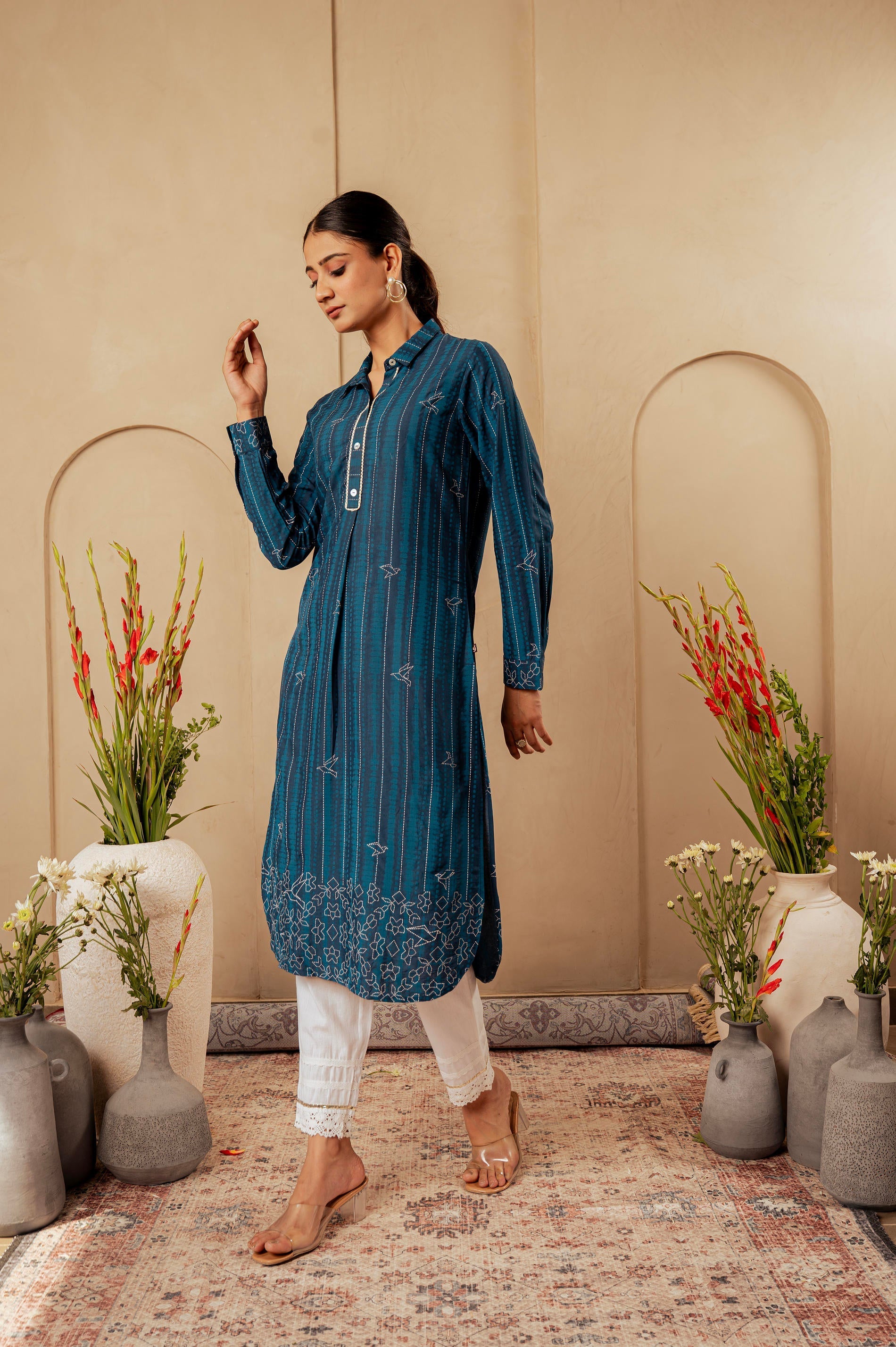 Midnight Blue Striped Viscose A-Line Kurta with Button & Lace Detailin