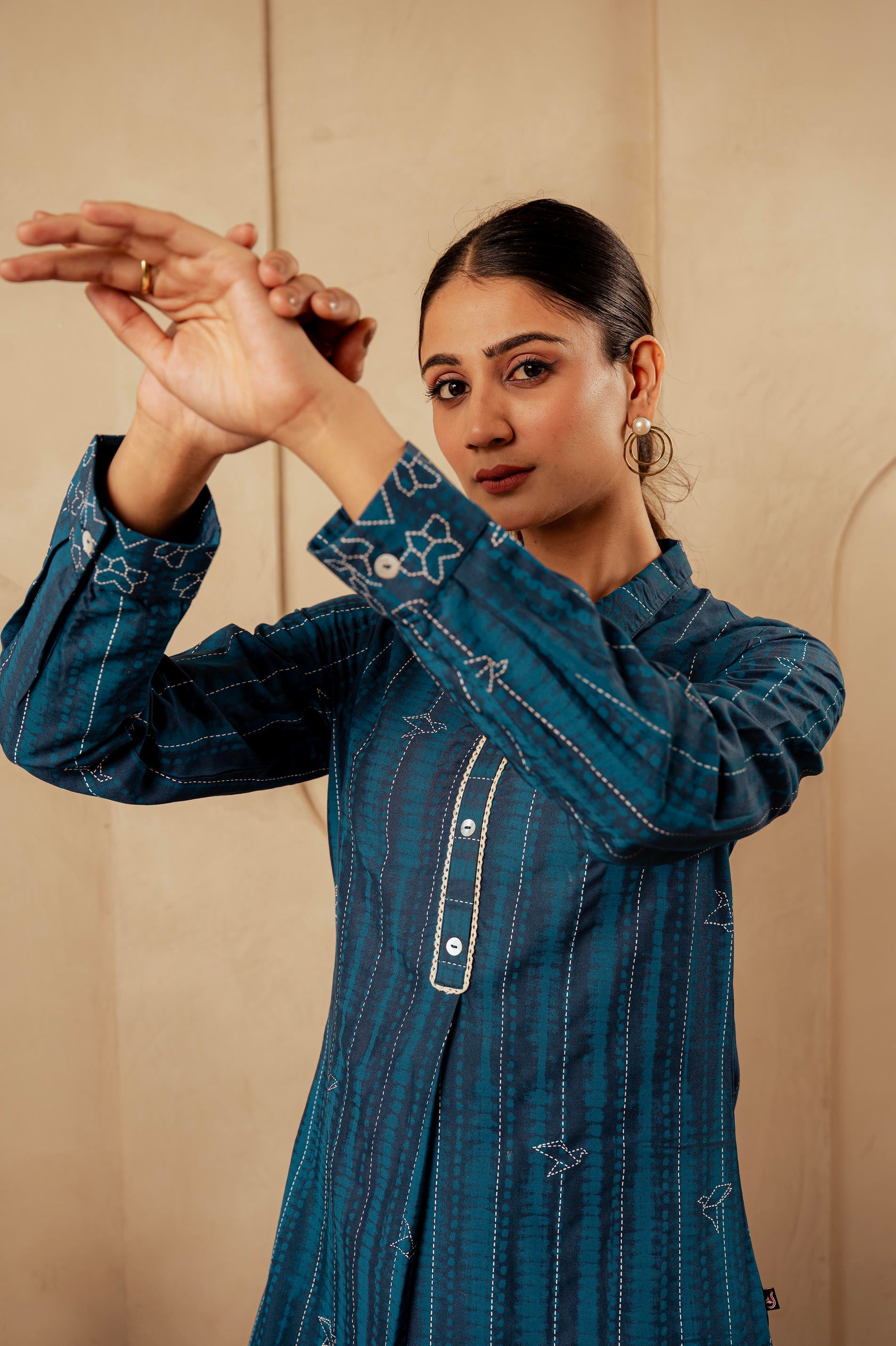 Midnight Blue Striped Viscose A-Line Kurta with Button & Lace Detailin