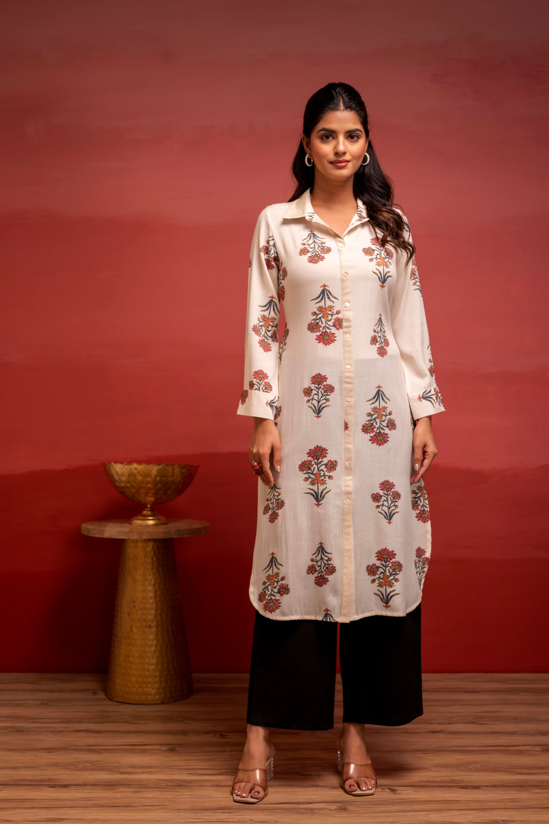 White Floral Printed Viscose Kurta with Button Detailing | DesiQlo