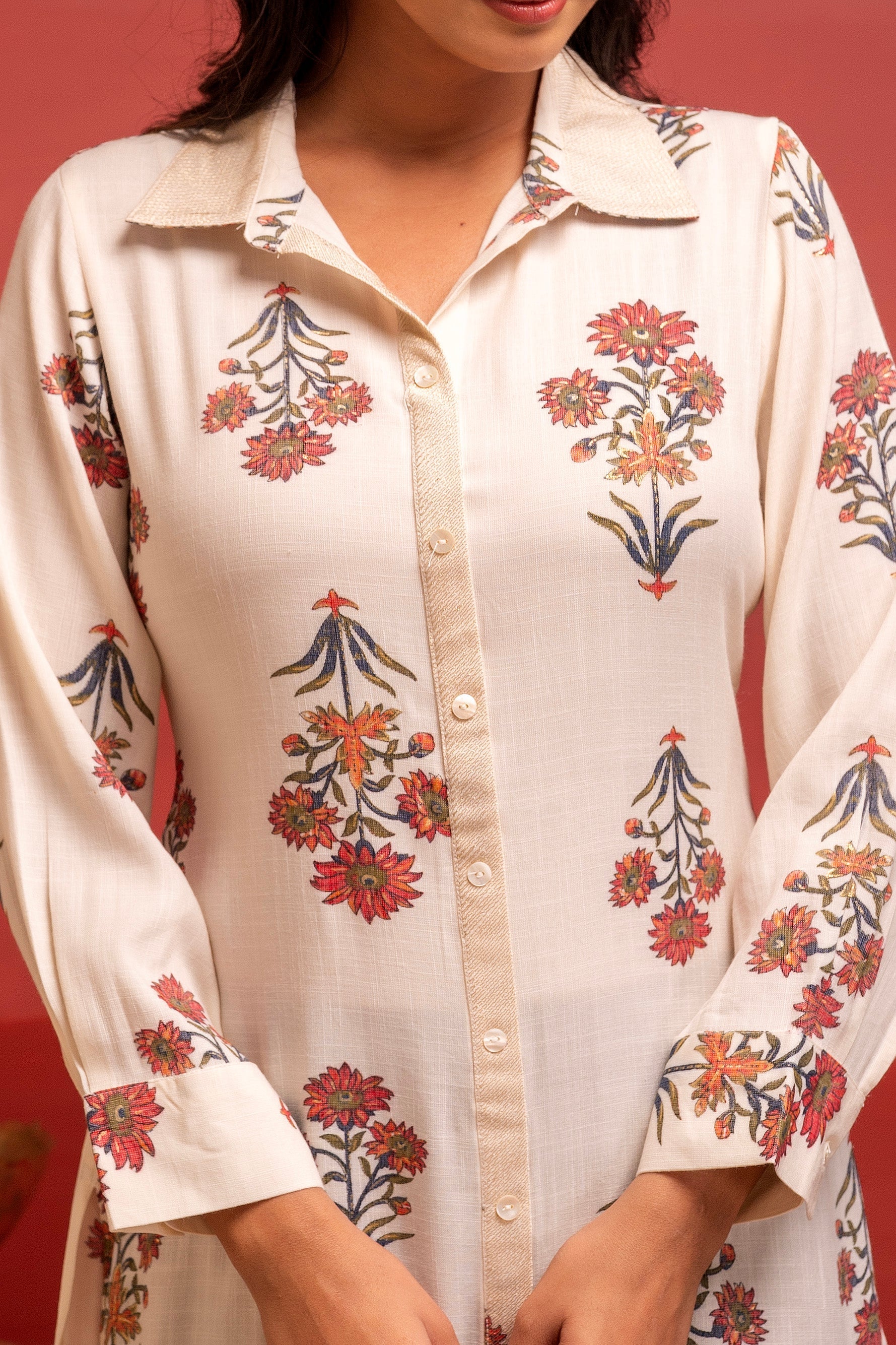 White Floral Printed Viscose Kurta with Button Detailing | DesiQlo