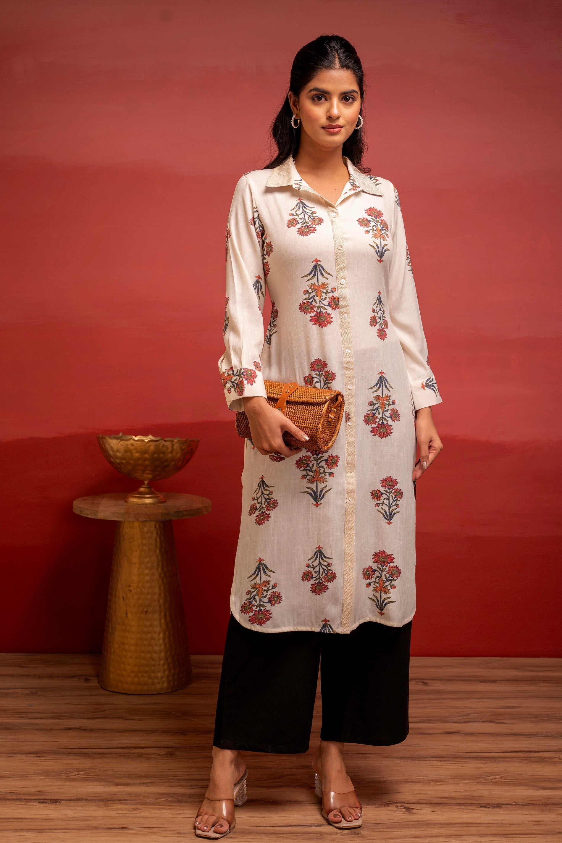 White Floral Printed Viscose Kurta with Button Detailing | DesiQlo