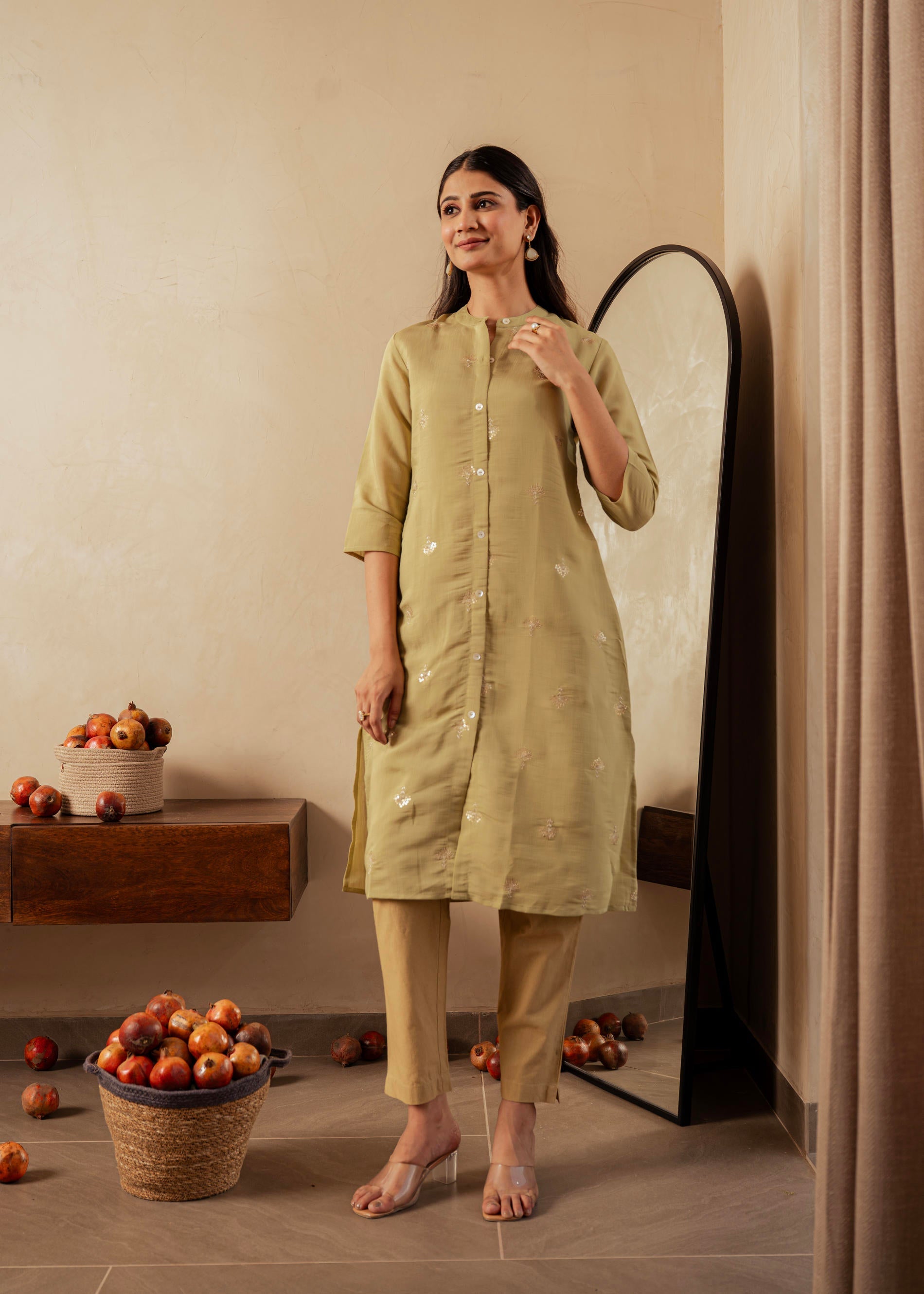 Sage Green Solid Viscose A-Line Kurta with Embroidery, Beads & Button 
