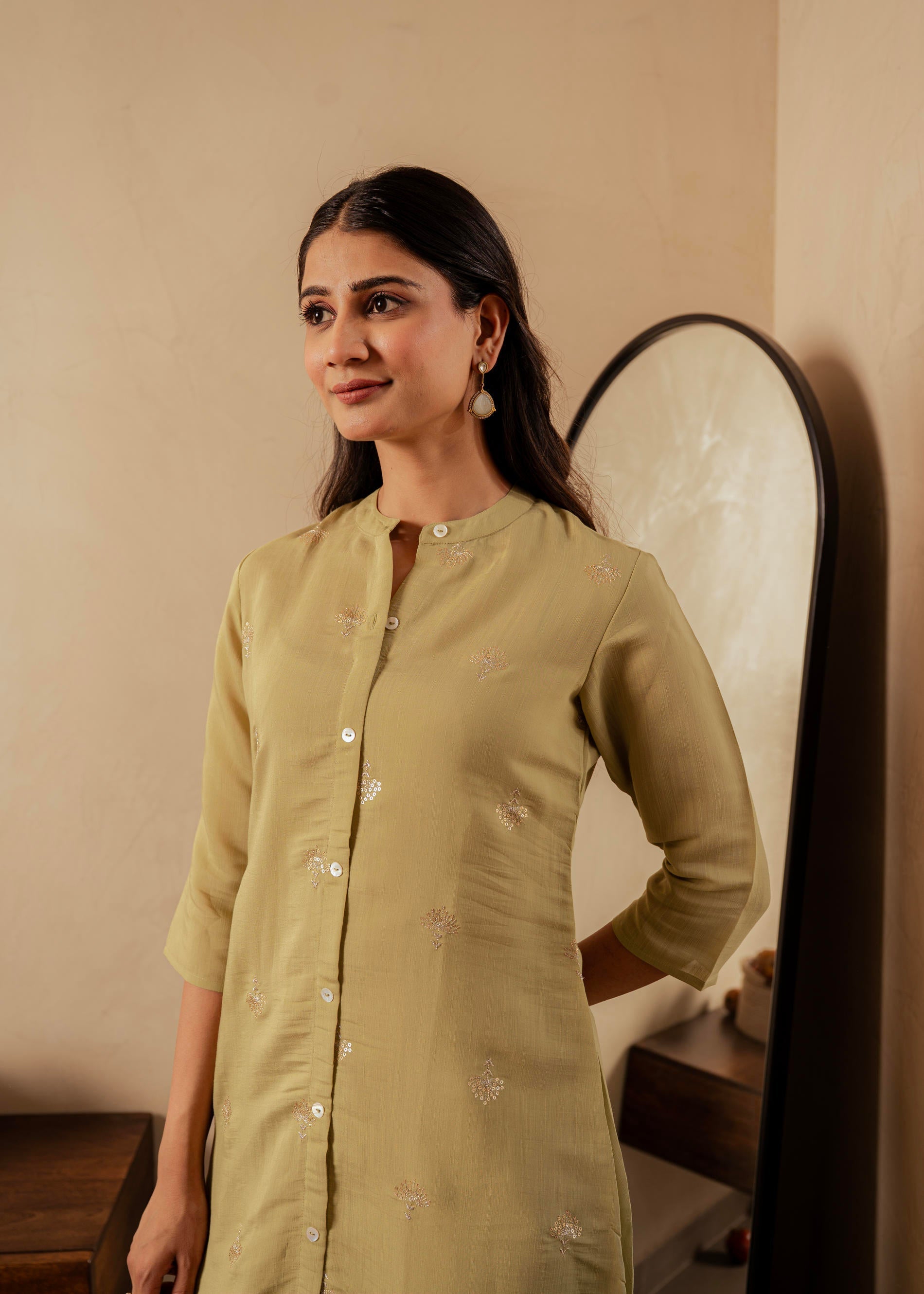 Sage Green Solid Viscose A-Line Kurta with Embroidery, Beads & Button 