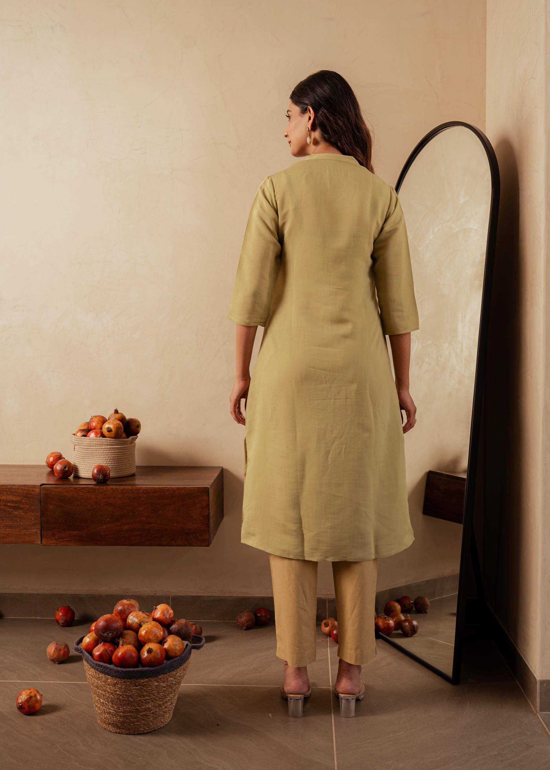 Sage Green Solid Viscose A-Line Kurta with Embroidery, Beads & Button 