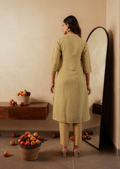 Sage Green Solid Viscose A-Line Kurta with Embroidery, Beads & Button Detailing