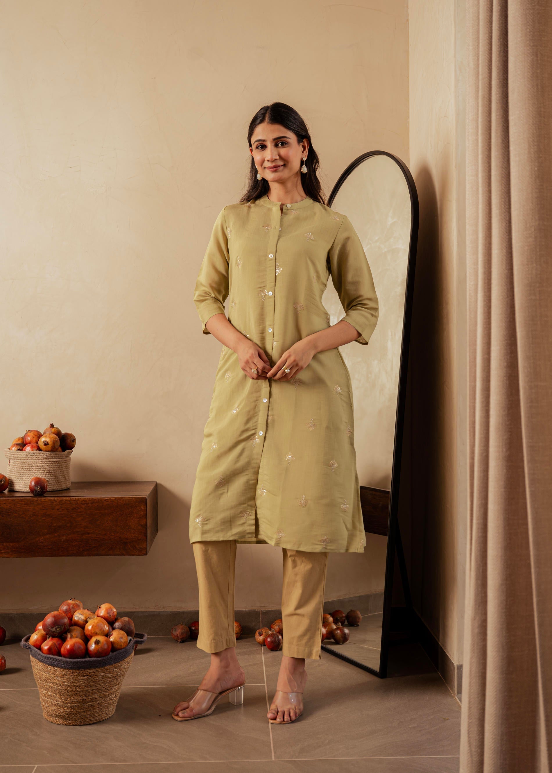 Sage Green Solid Viscose A-Line Kurta with Embroidery, Beads & Button 