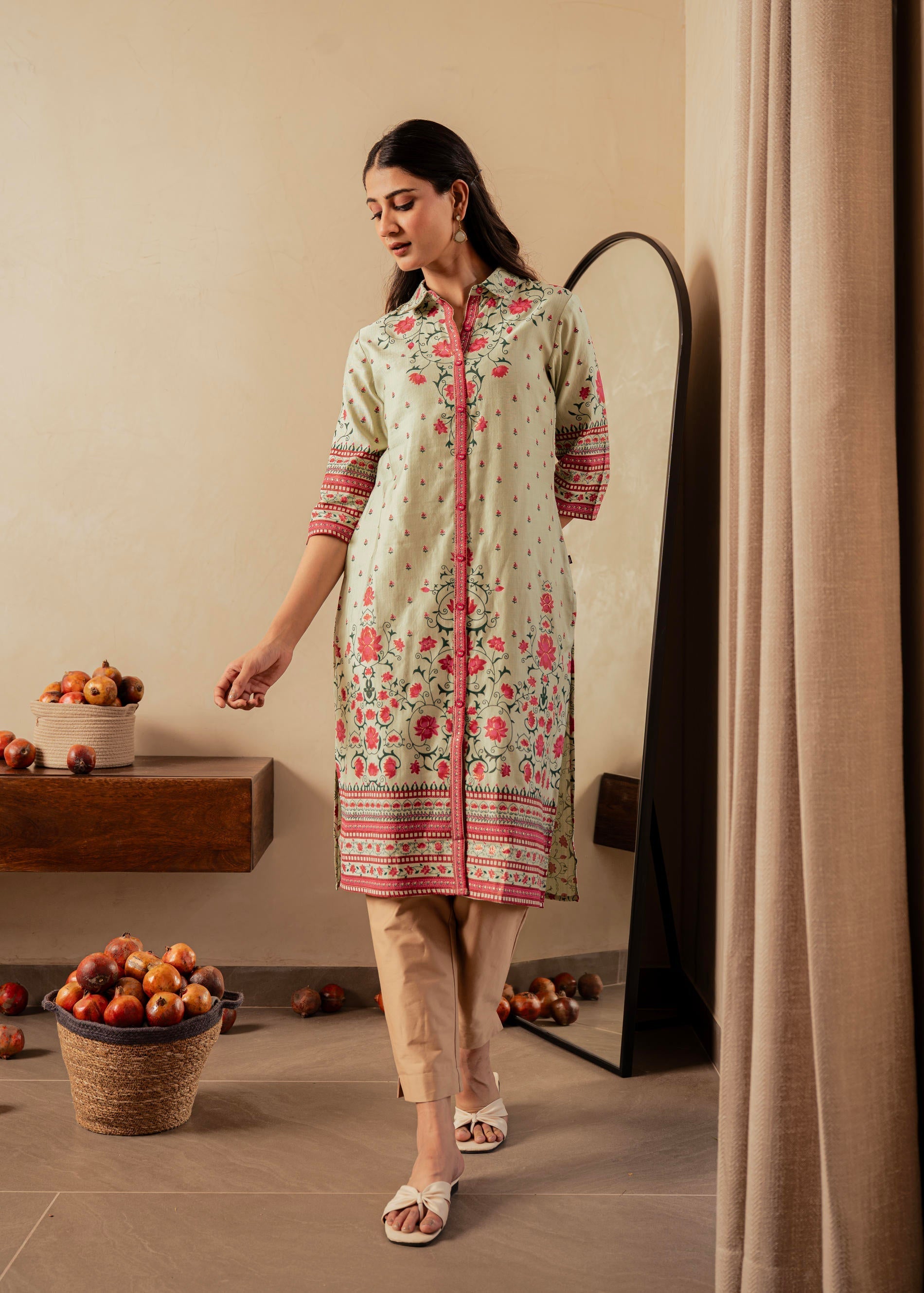 Sage Green Floral Printed Viscose Kurta with Button Detailing | DesiQl