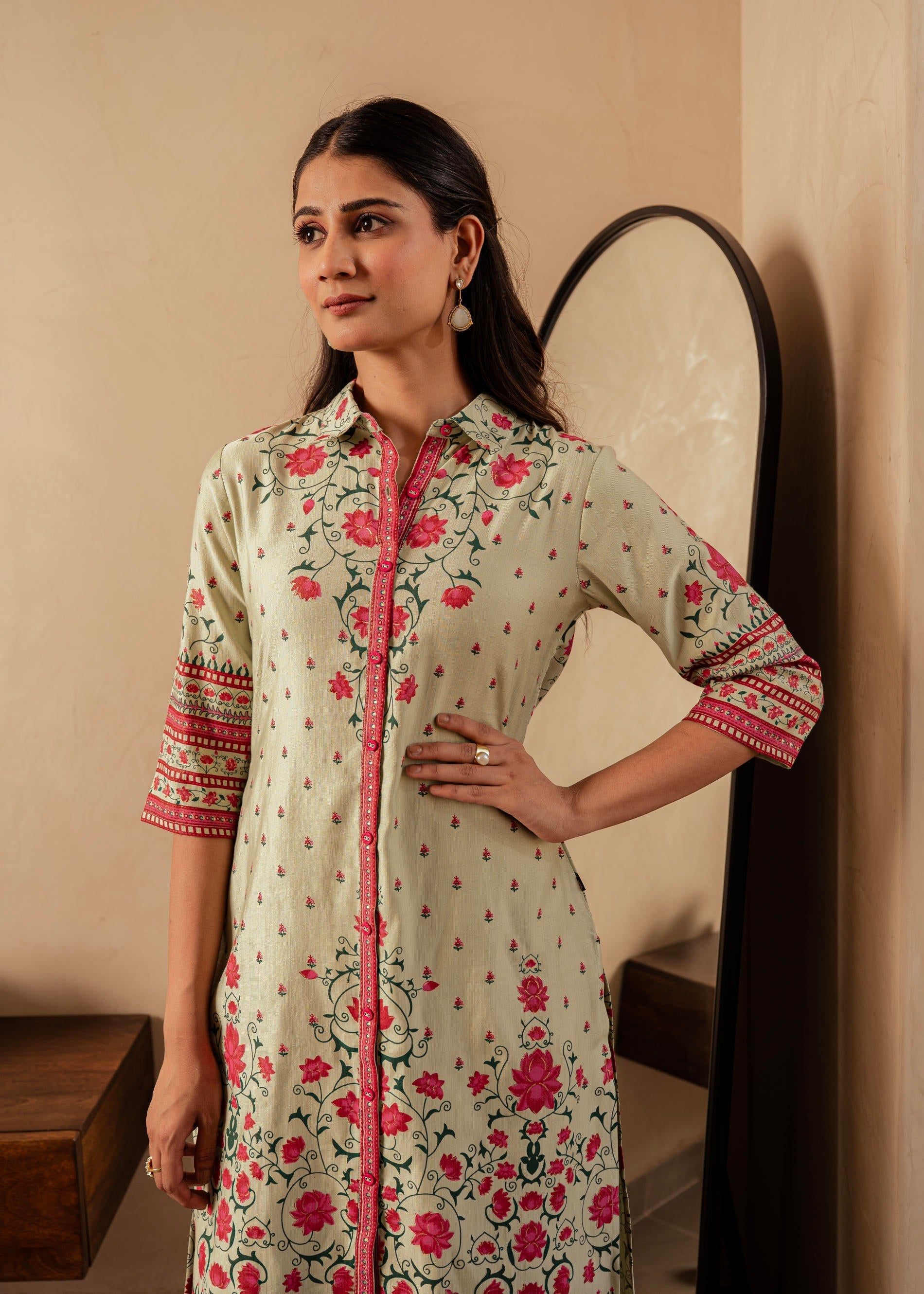 Sage Green Floral Printed Viscose Kurta with Button Detailing | DesiQl