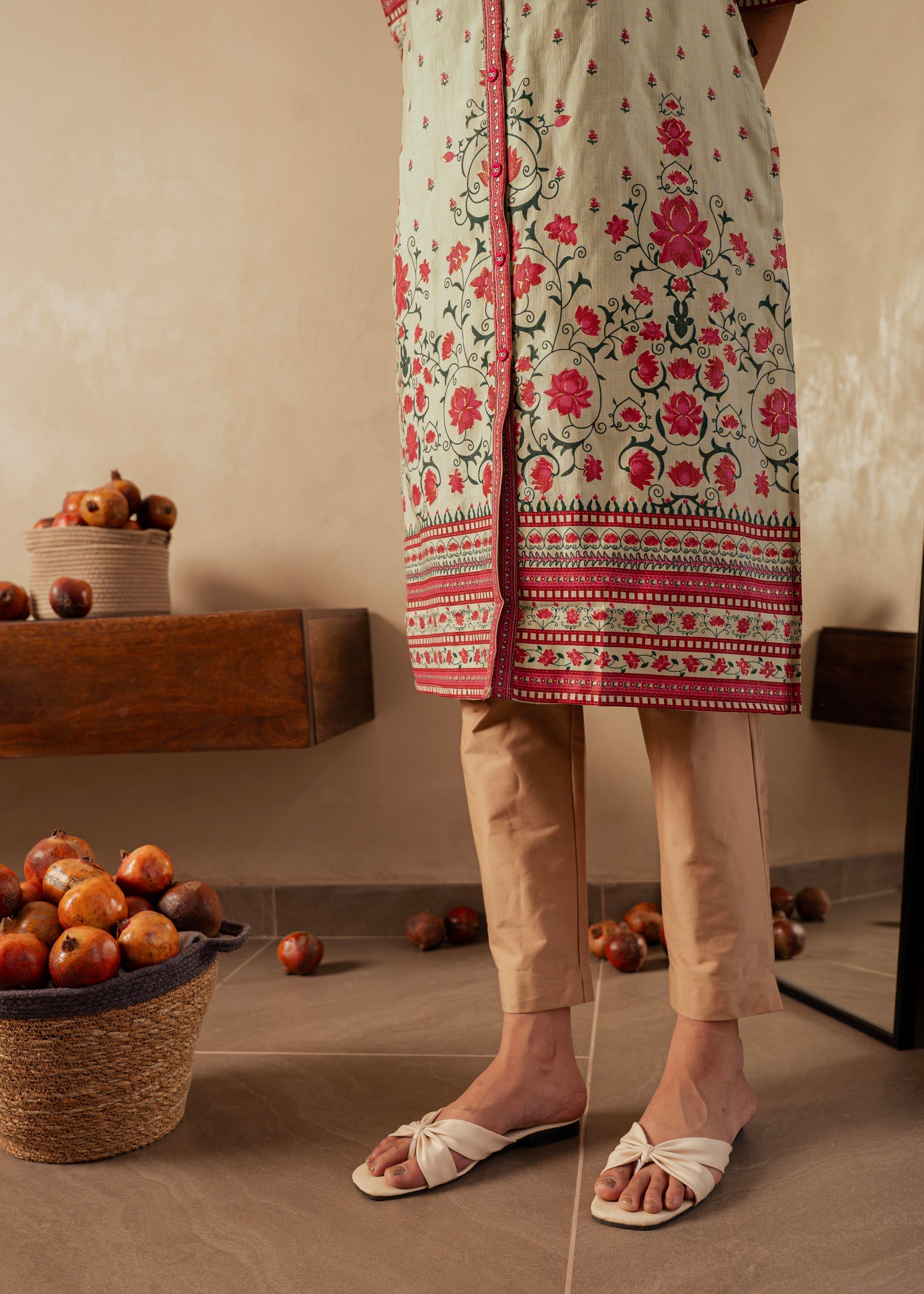 Sage Green Floral Printed Viscose Kurta with Button Detailing | DesiQl