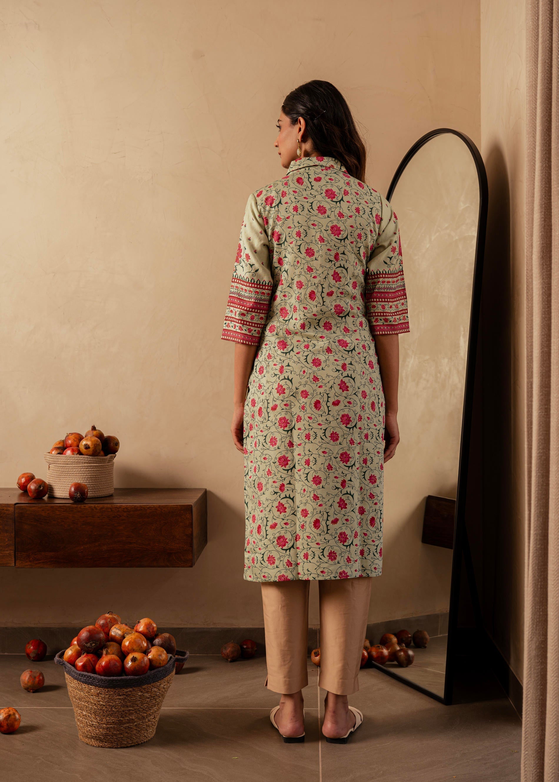 Sage Green Floral Printed Viscose Kurta with Button Detailing | DesiQl
