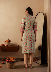 Sage Green Floral Printed Viscose Kurta with Button Detailing