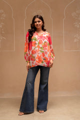Man Made Fiber Floral Printed Tunic With Button Details-P1418MULTI_ON