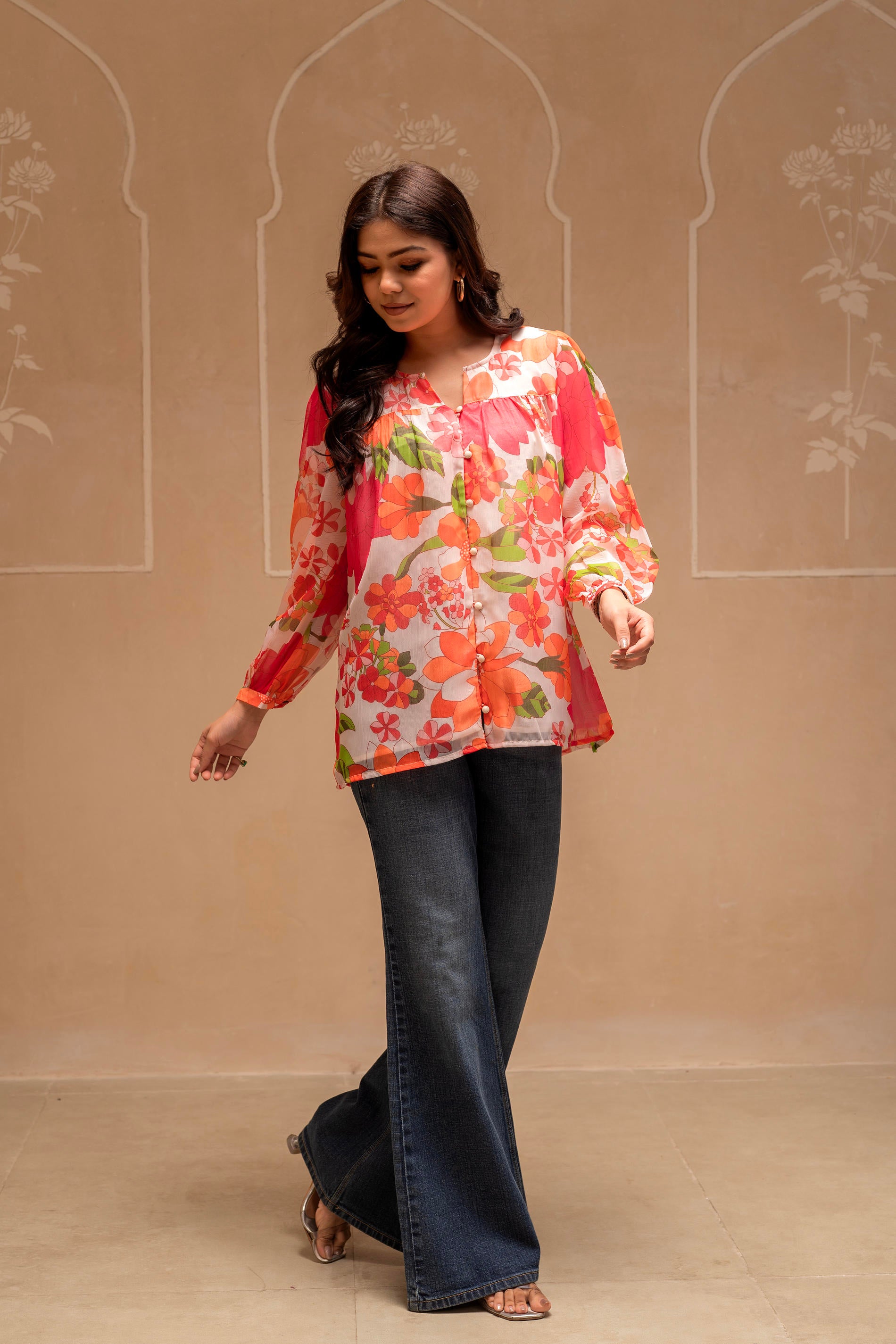 Man Made Fiber Floral Printed Tunic With Button Details-P1418MULTI_ON