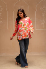 Man Made Fiber Floral Printed Tunic With Button Details-P1418MULTI_ON