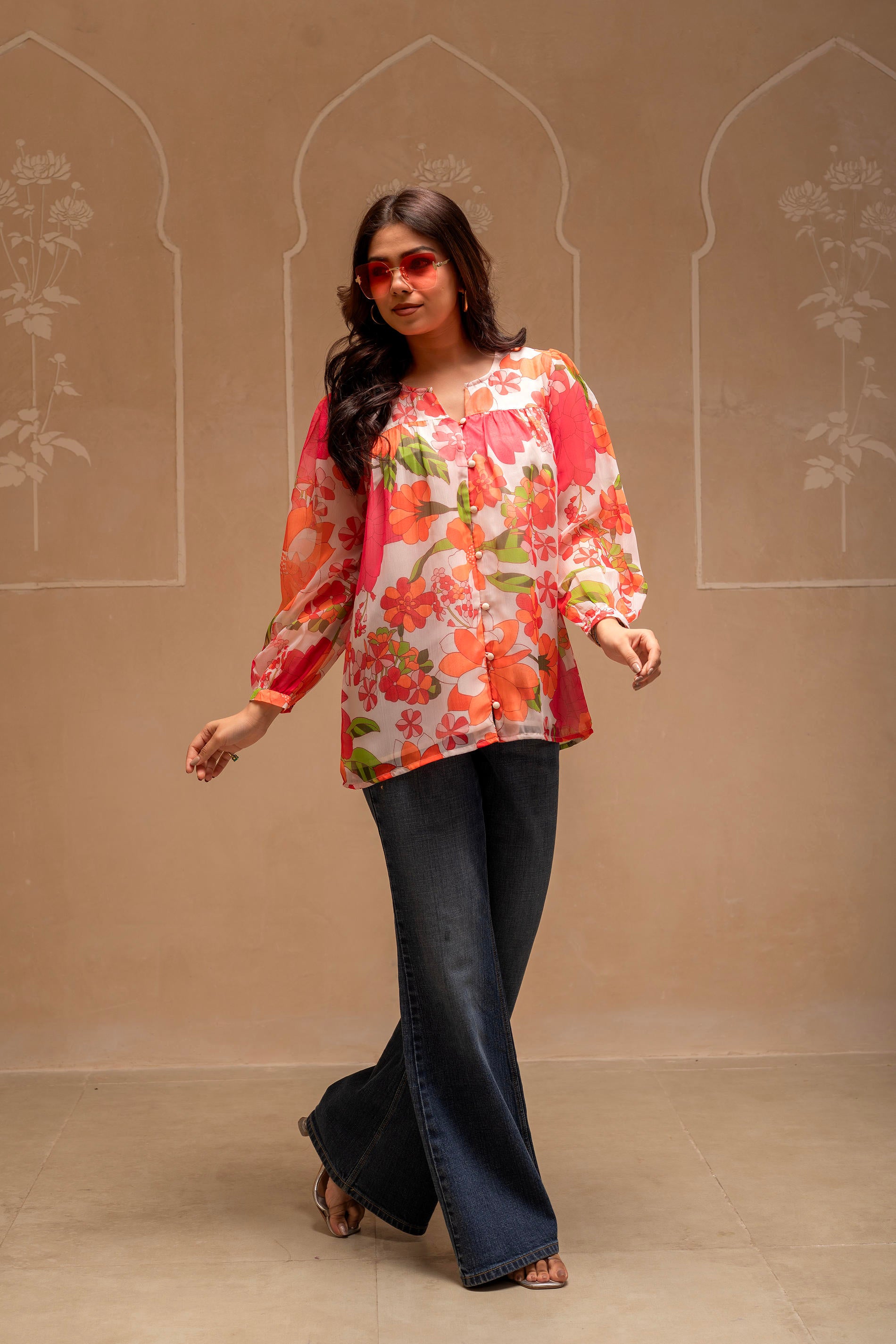 Man Made Fiber Floral Printed Tunic With Button Details-P1418MULTI_ON