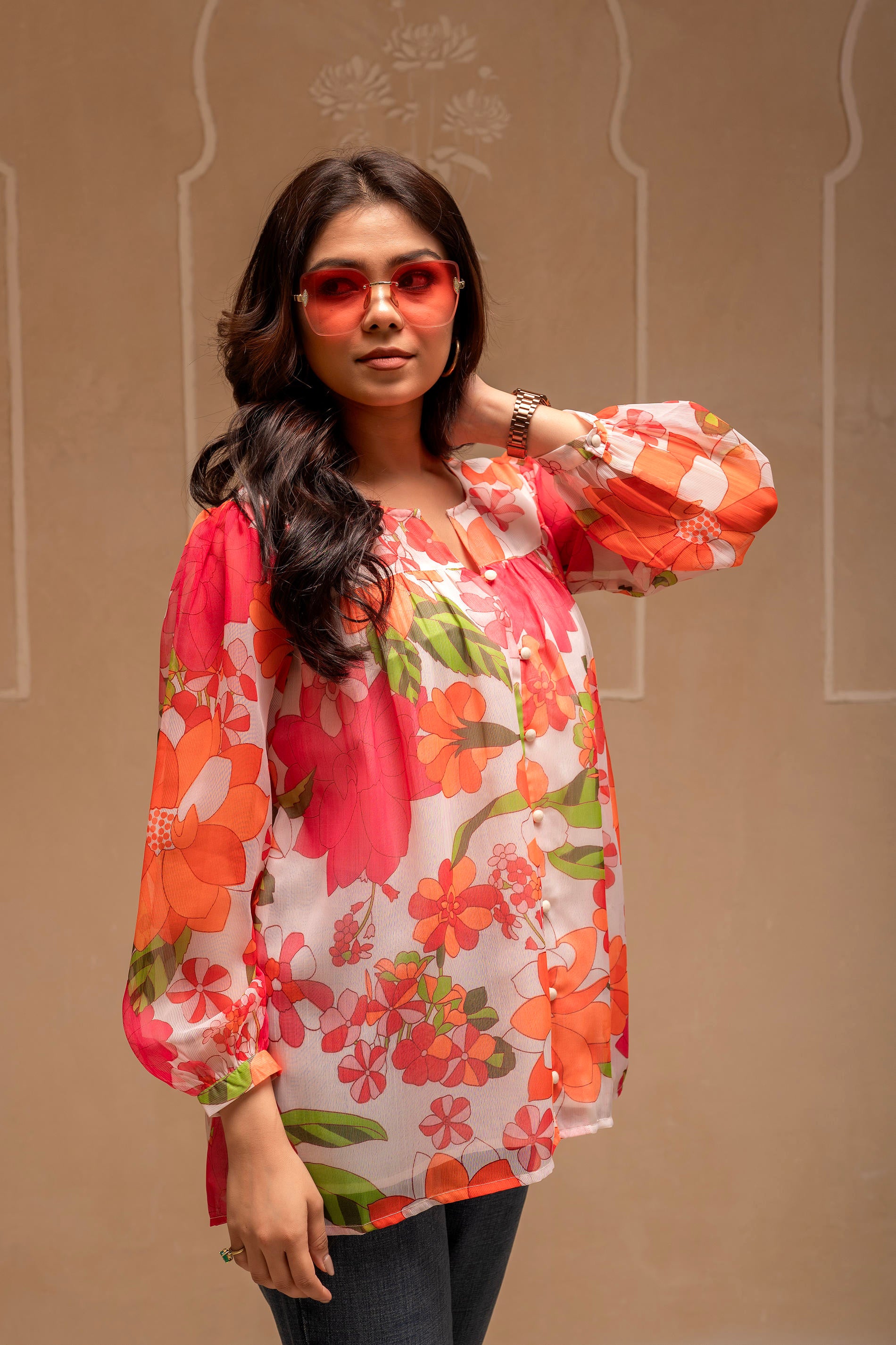 Man Made Fiber Floral Printed Tunic With Button Details-P1418MULTI_ON