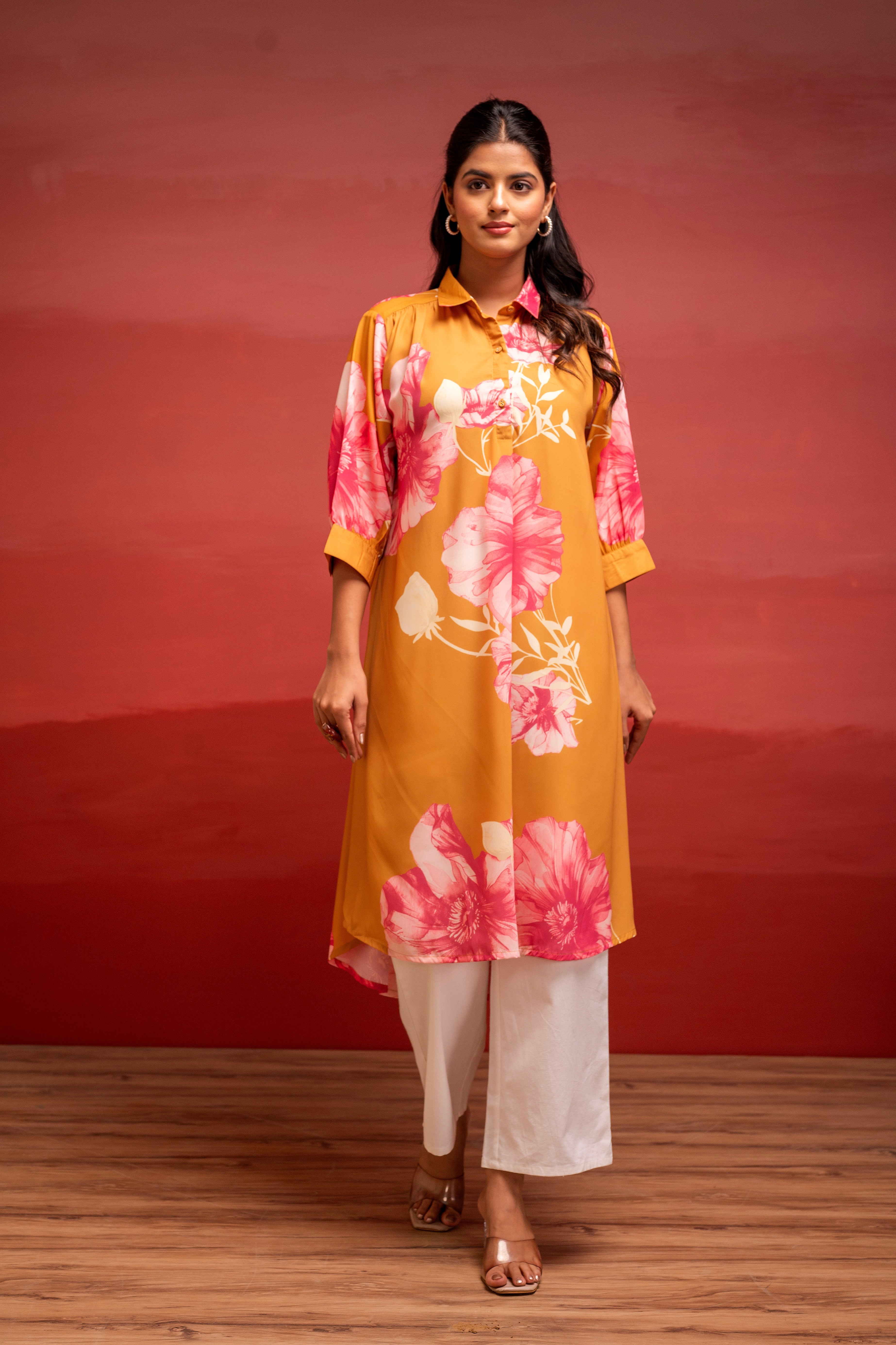 Mustard Floral Printed A-Line Kurta with Button Detailing | DesiQlo