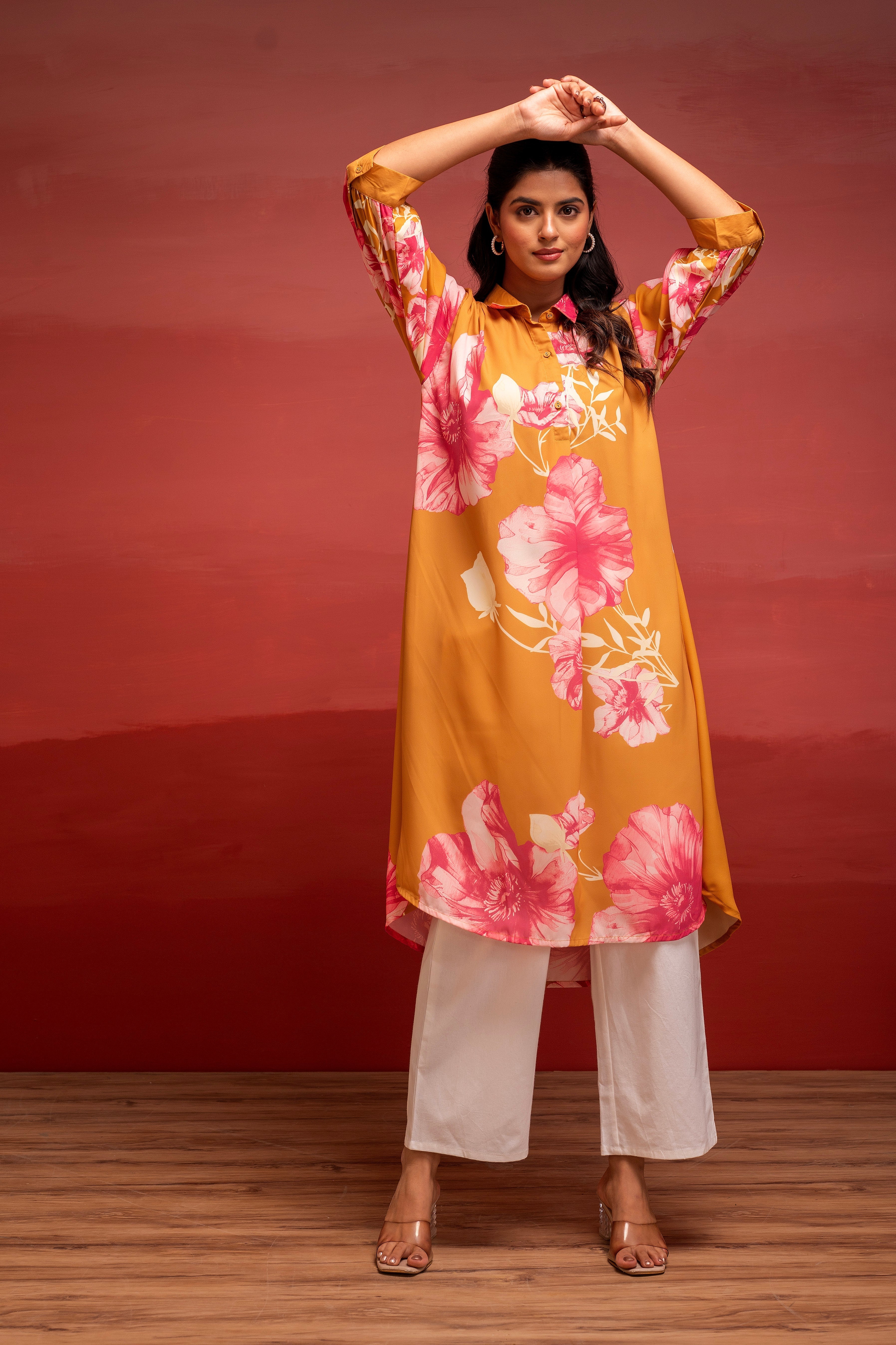 Mustard Floral Printed A-Line Kurta with Button Detailing | DesiQlo