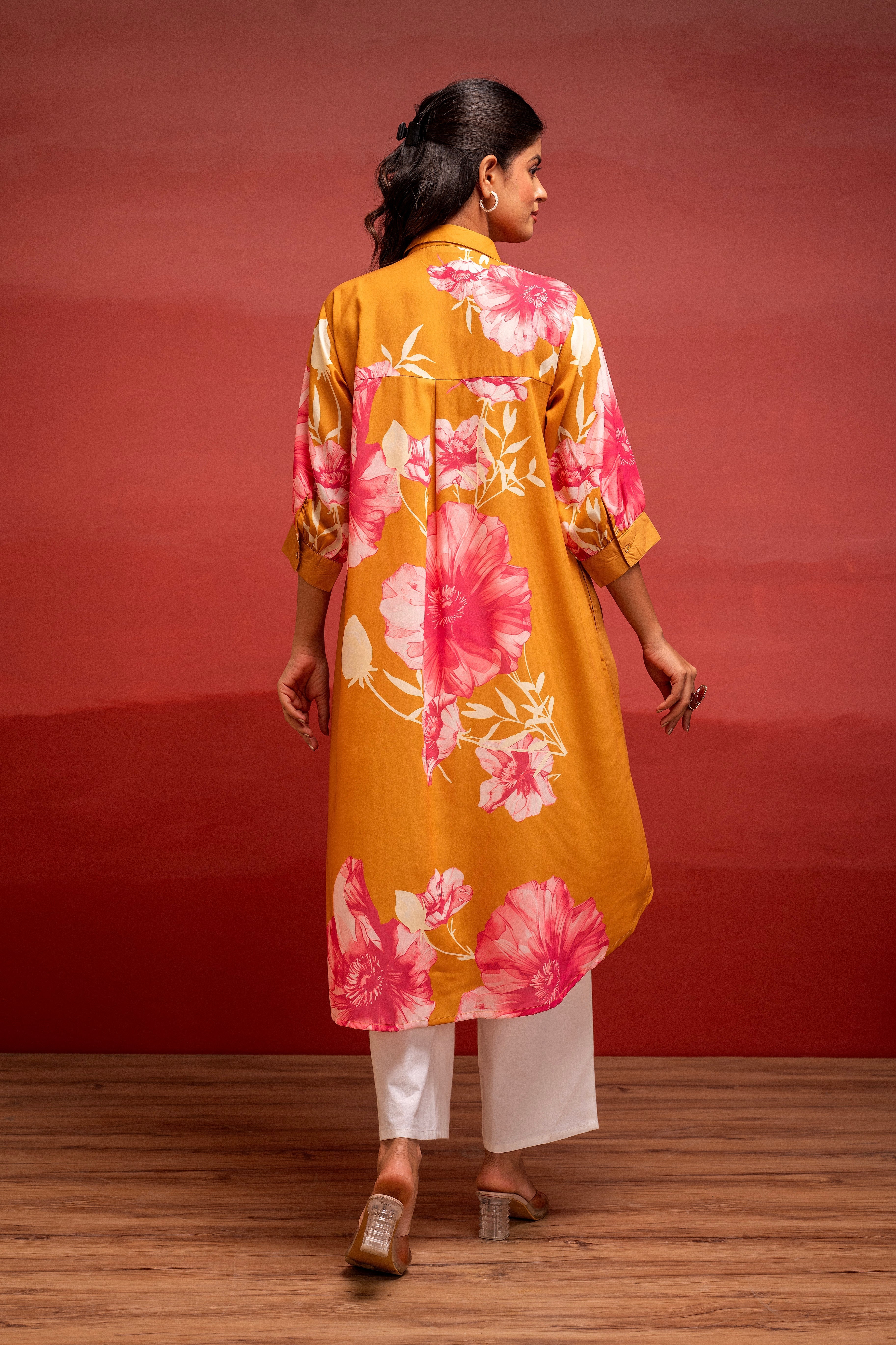 Mustard Floral Printed A-Line Kurta with Button Detailing | DesiQlo