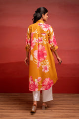 Mustard Floral Printed A-Line Kurta with Button Detailing