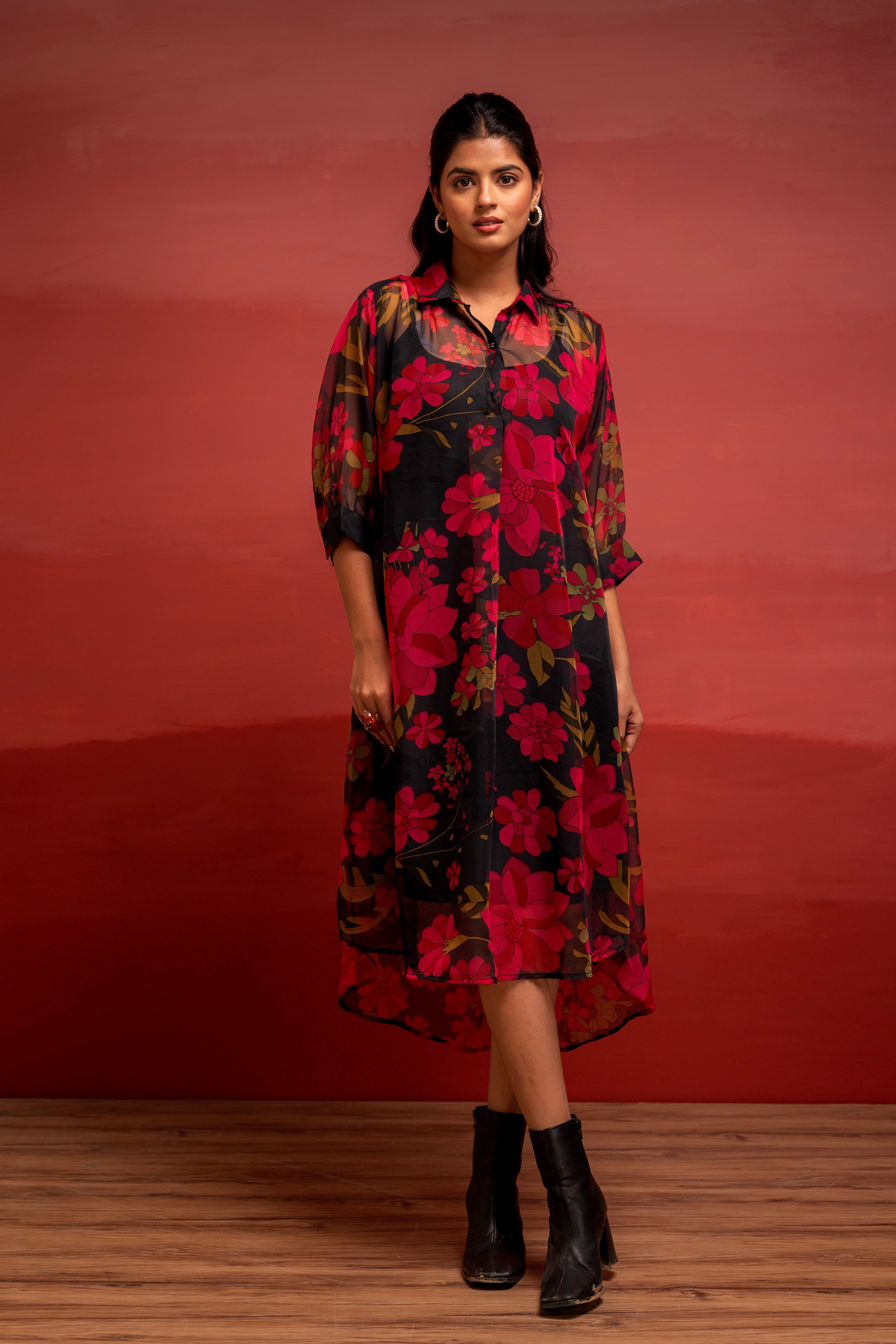 Black Floral Printed A-Line Kurta with Inner and Button Detailing | De