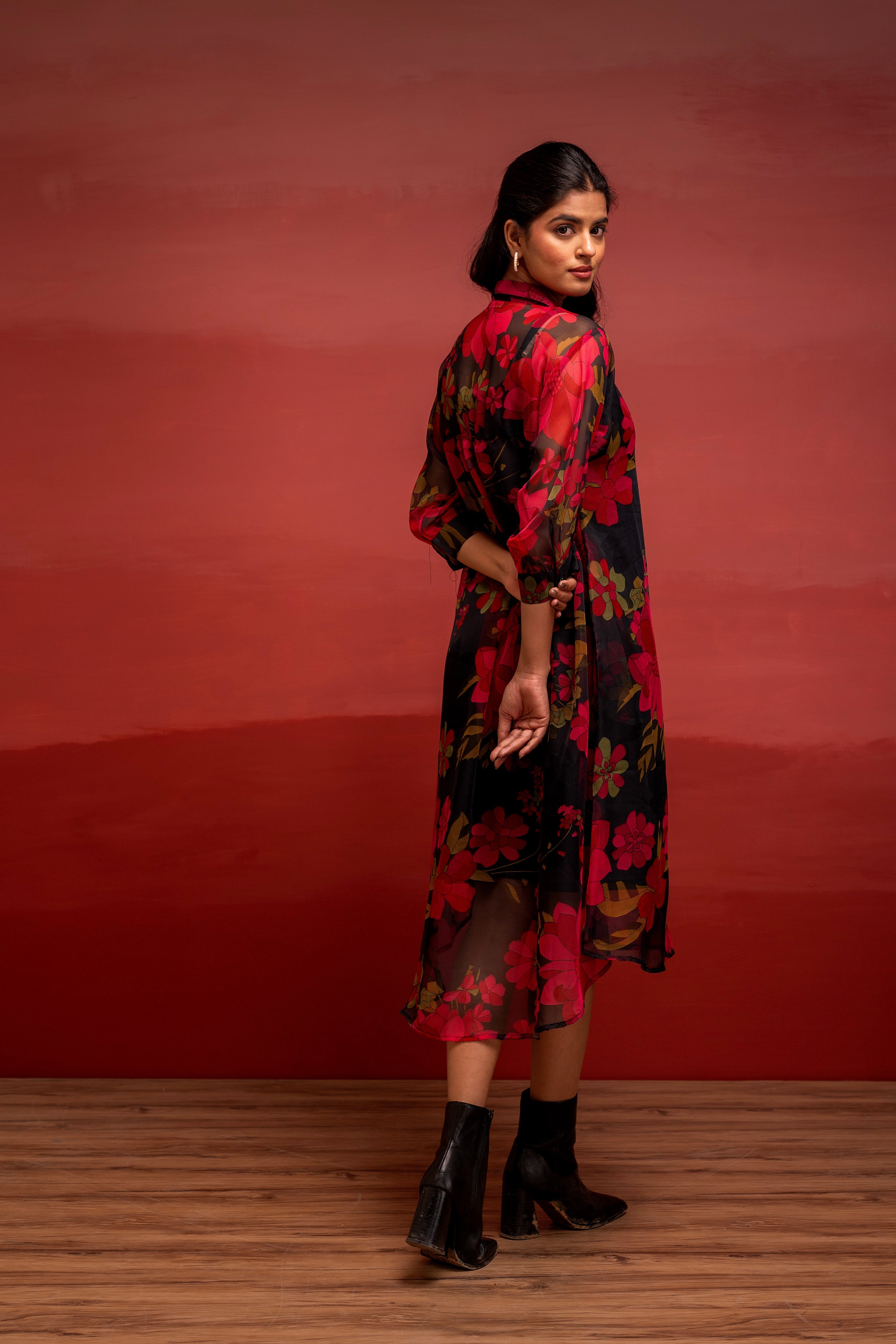 Black Floral Printed A-Line Kurta with Inner and Button Detailing | De