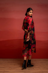 Black Floral Printed A-Line Kurta with Inner and Button Detailing