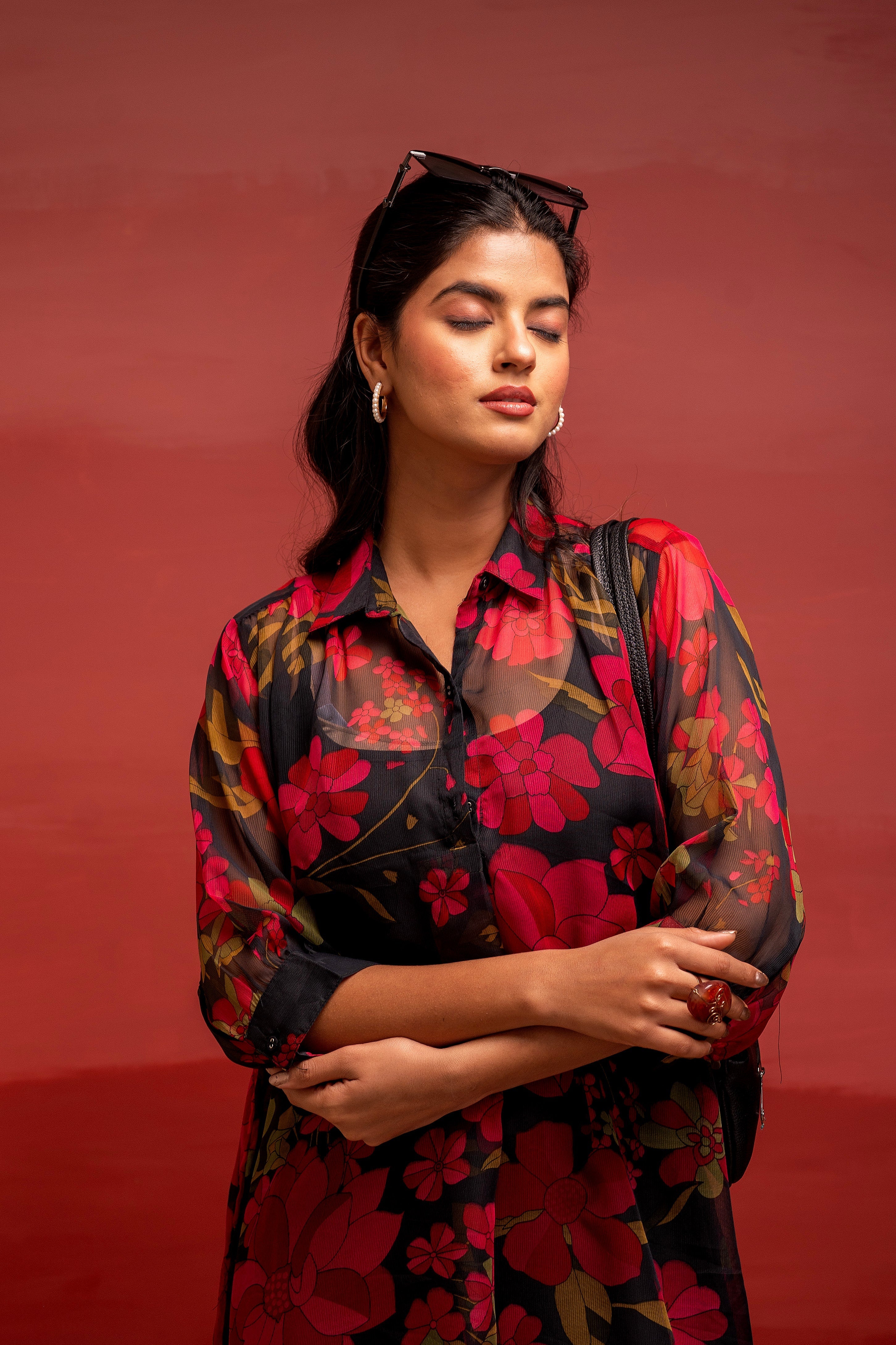 Black Floral Printed A-Line Kurta with Inner and Button Detailing | De