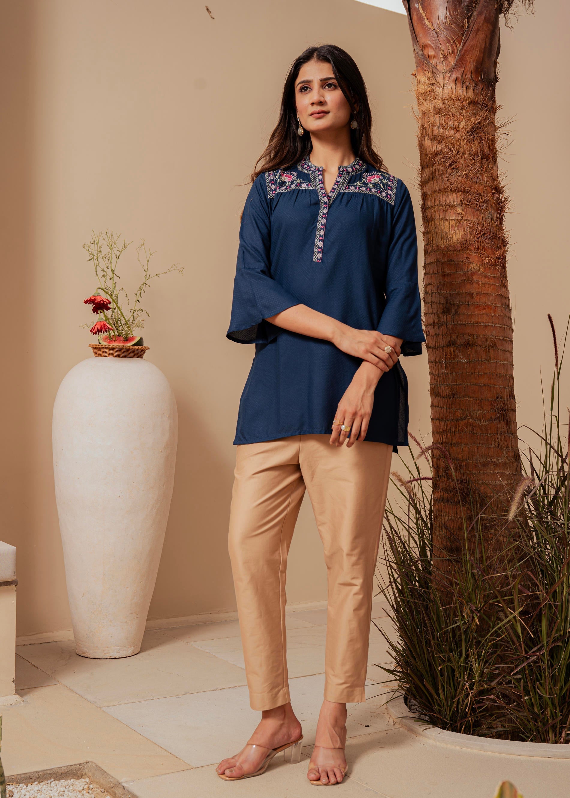 Midnight Blue Solid Viscose Tunic with Thread Work | DesiQlo