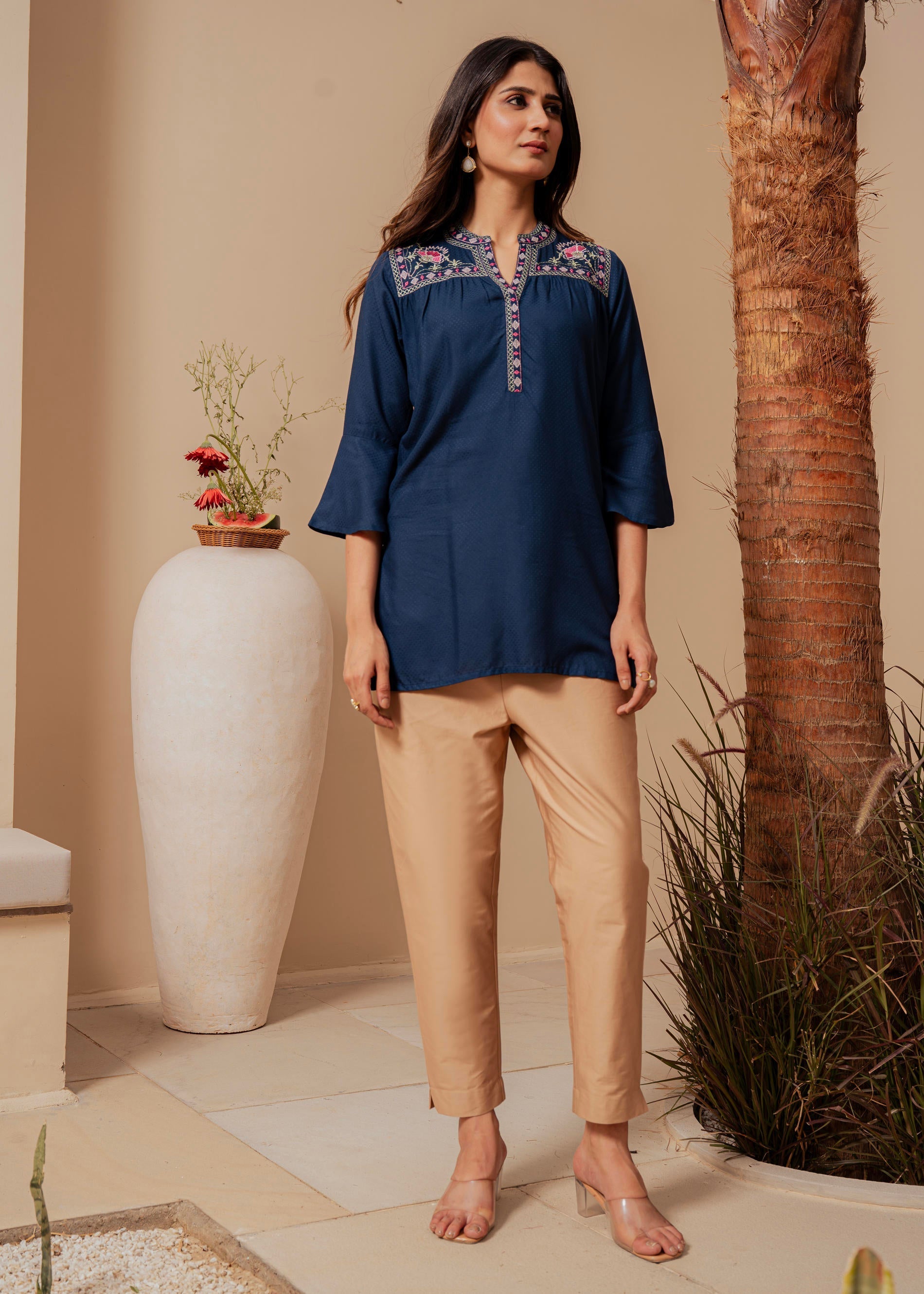 Midnight Blue Solid Viscose Tunic with Thread Work | DesiQlo