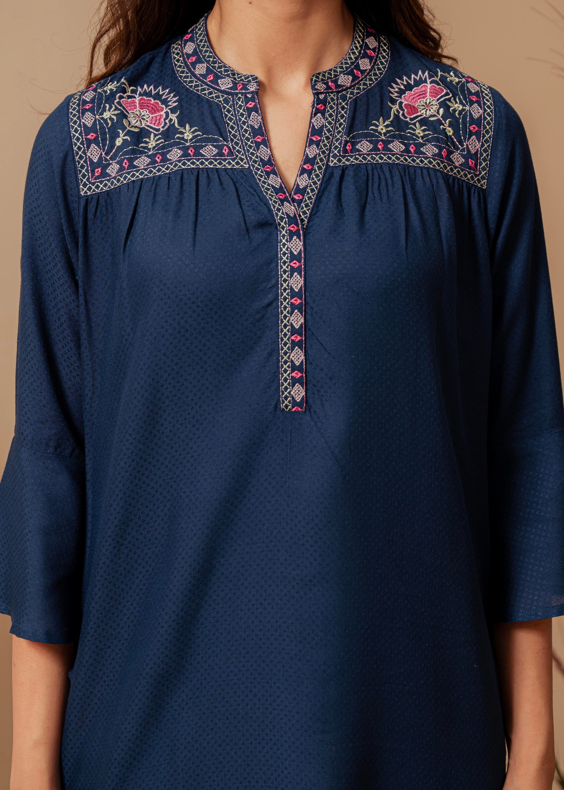Midnight Blue Solid Viscose Tunic with Thread Work | DesiQlo
