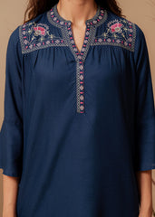 Midnight Blue Solid Viscose Tunic with  Thread Work